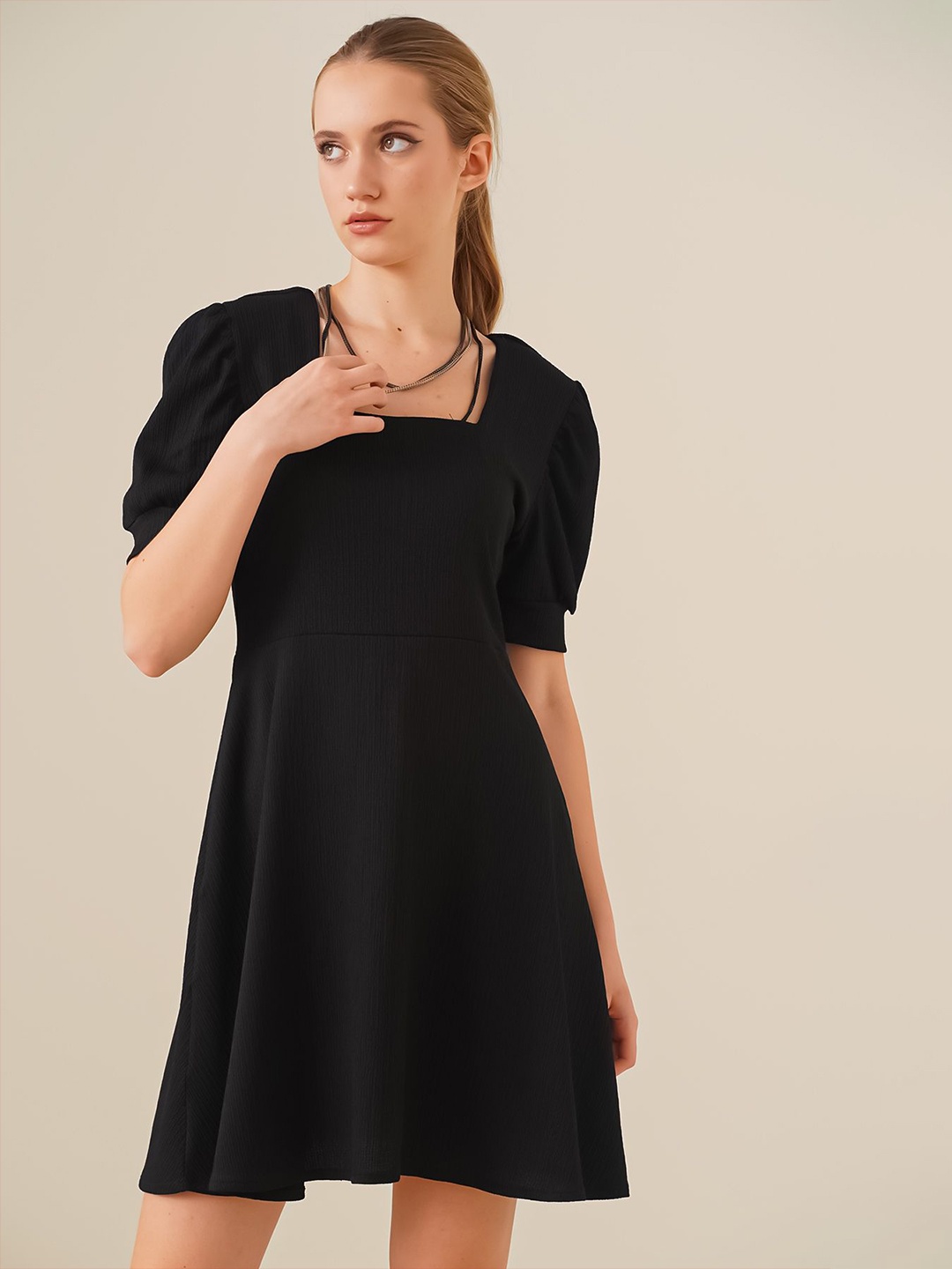 

BIGDART Texture Self Design Square Neck Puff Sleeve Fit & Flare Dress, Black