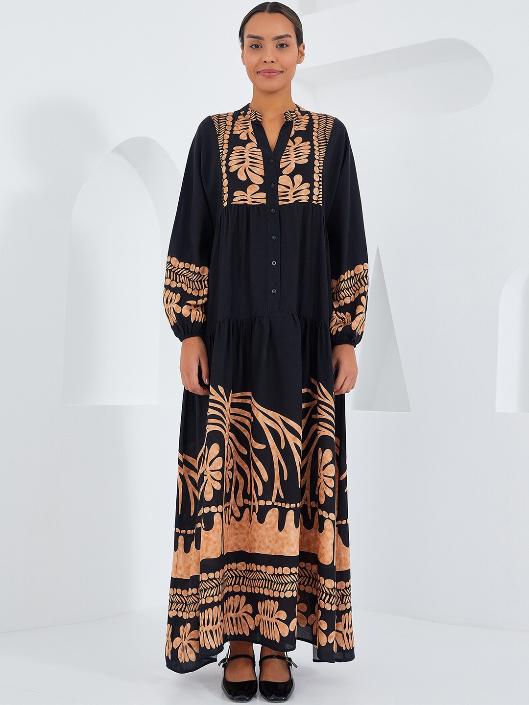 

BIGDART Floral Printed Mandarin Collar Flared Maxi Dress, Na