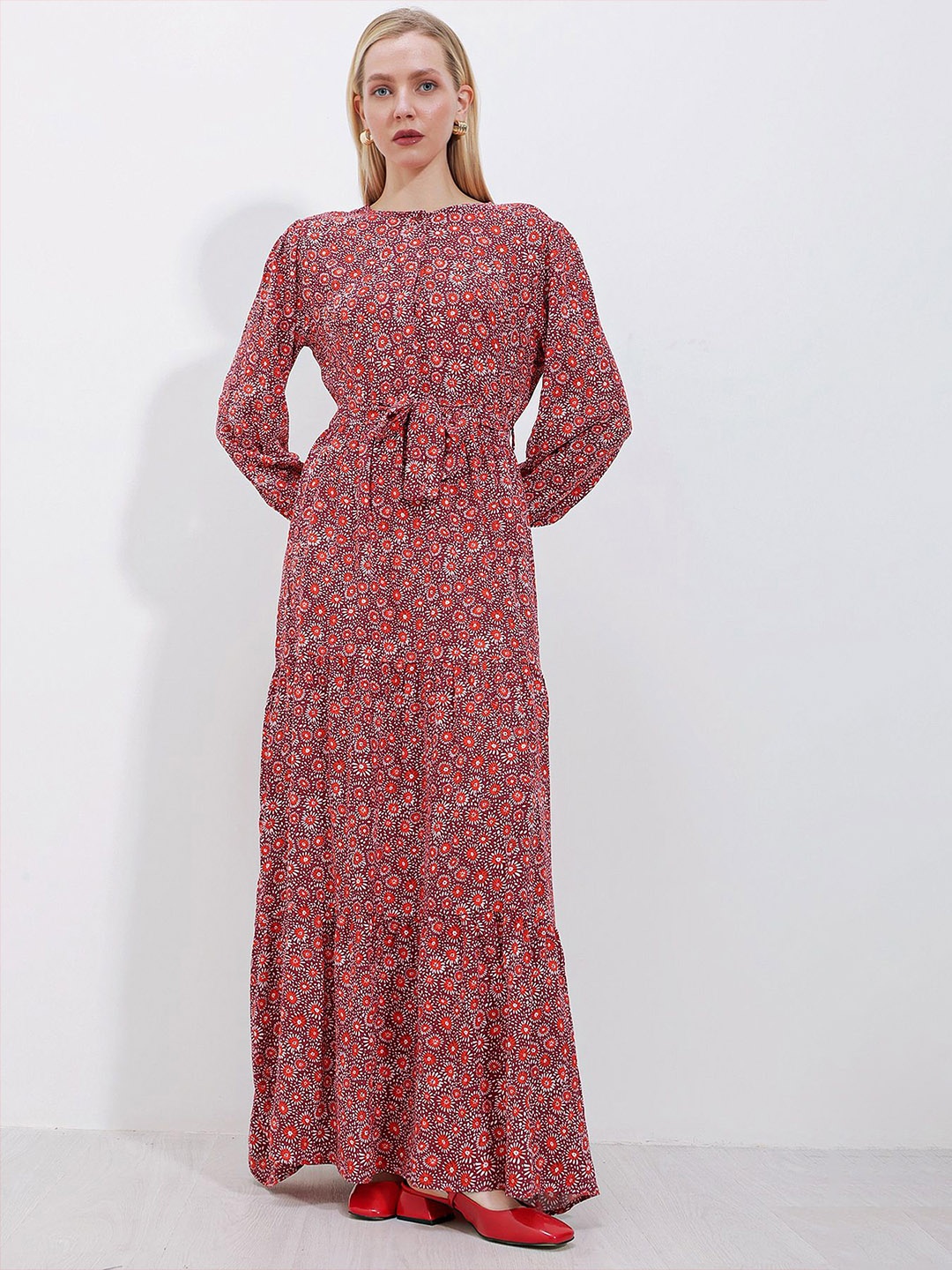 

BIGDART Floral Printed Round neck Long Sleeves Maxi Dress, Red