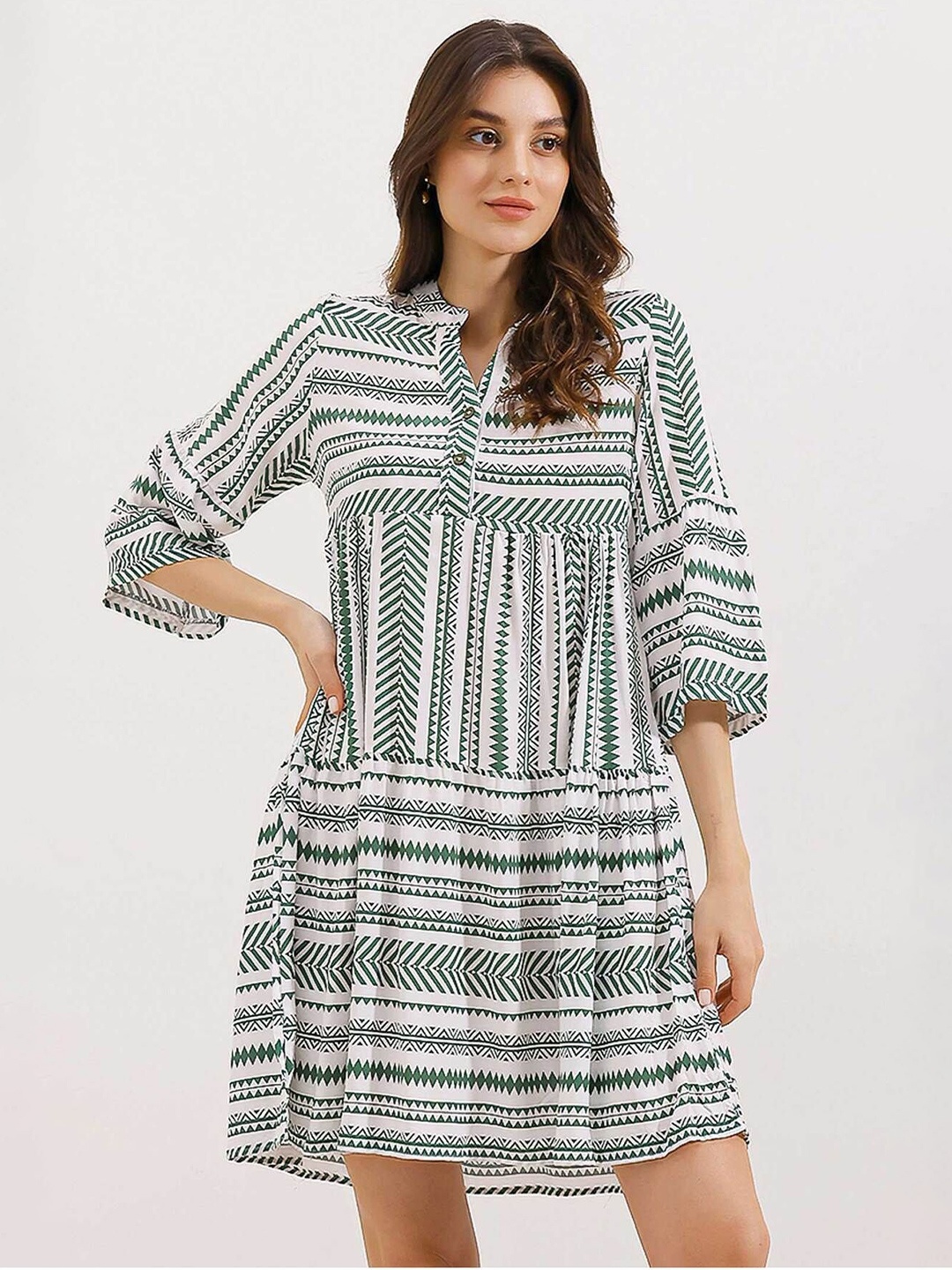 

BIGDART Geometric Printed A-Line Dress, White