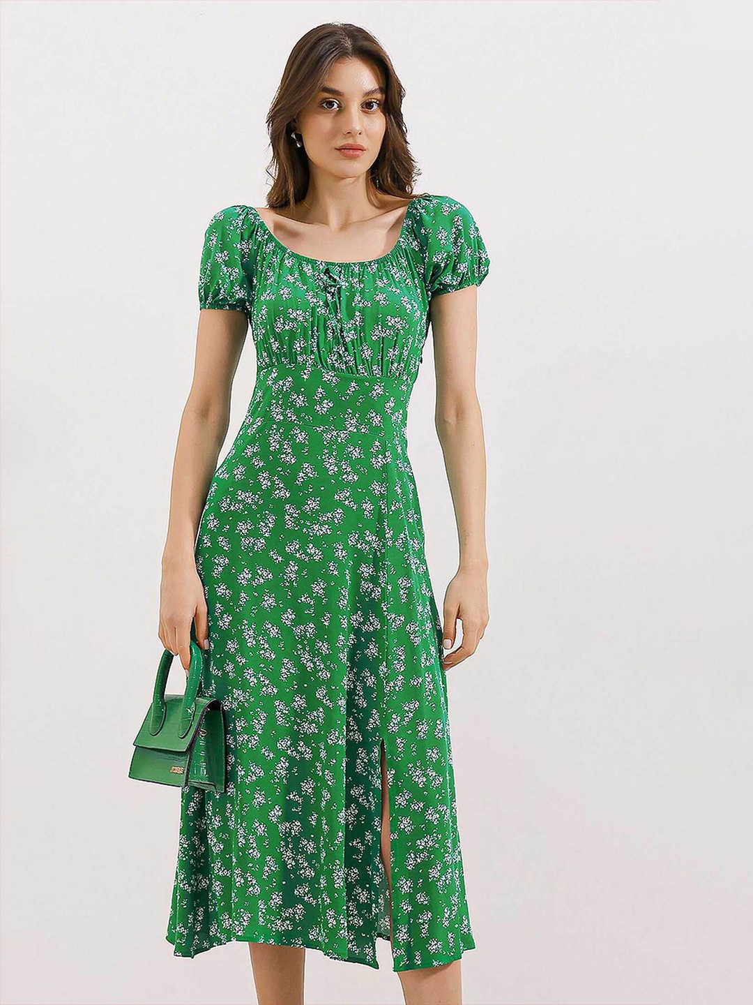 

BIGDART Floral Printed Round Neck Puff Sleeve A-Line Midi Dress, Green