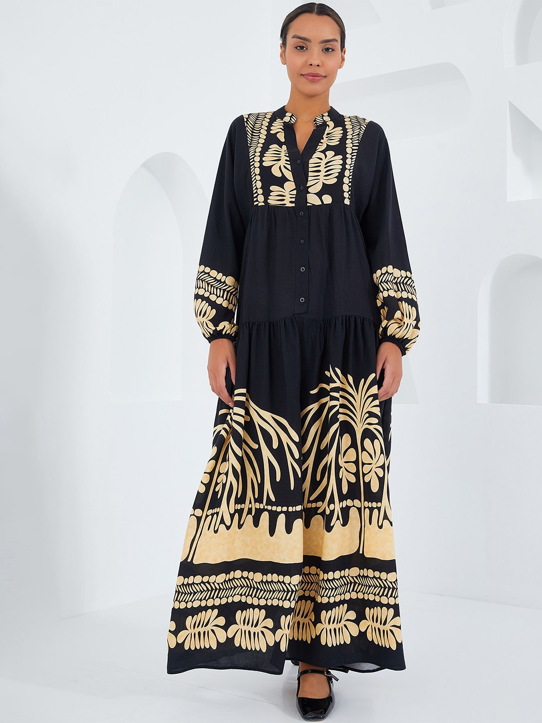 

BIGDART Ethnic Motifs Print Mandarin Collar Puff Sleeves Maxi Dress, Black