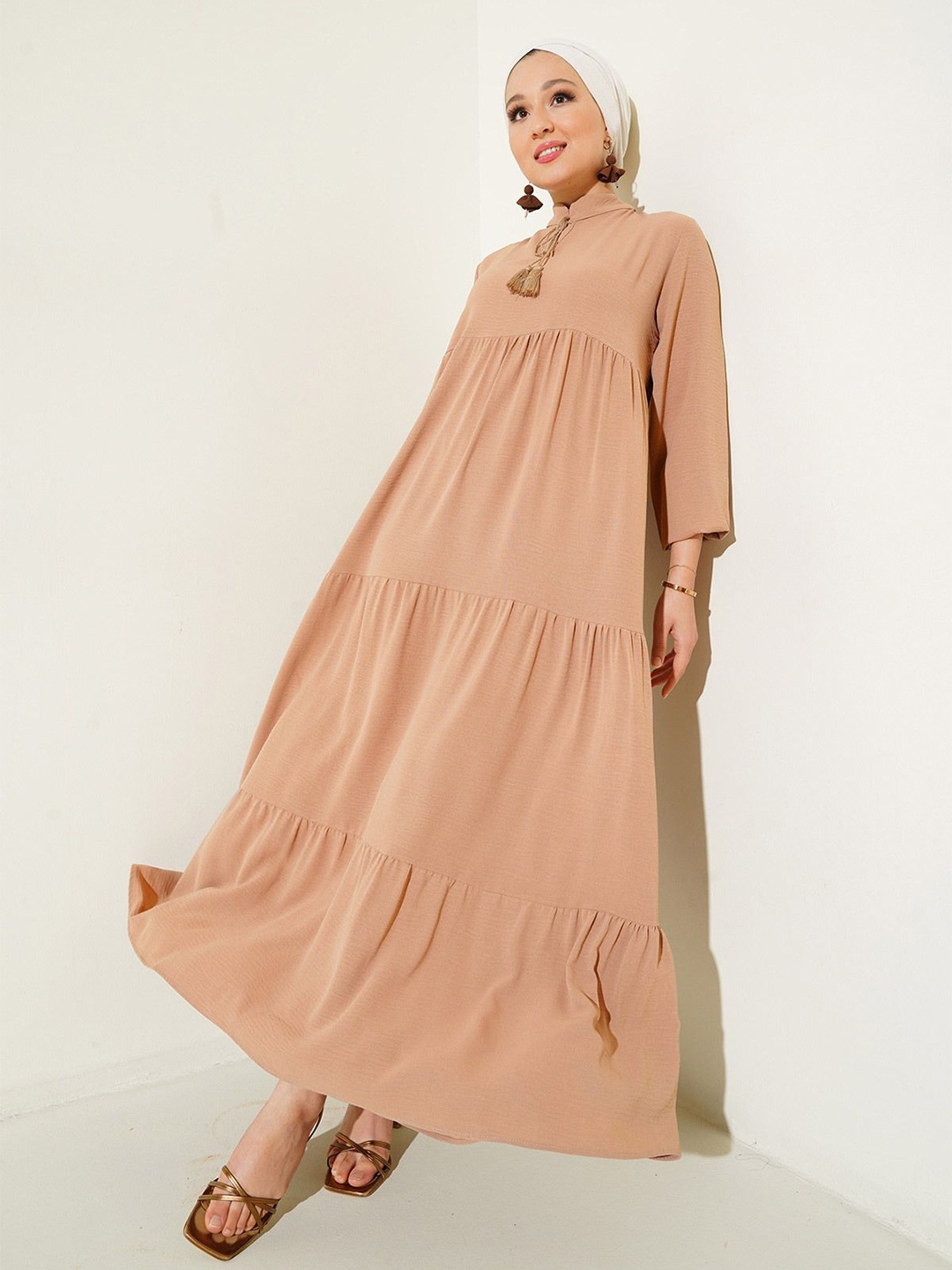 

BIGDART Tie-Up Neck Tiered Detailed Asymmetric A-Line Maxi Dress, Brown