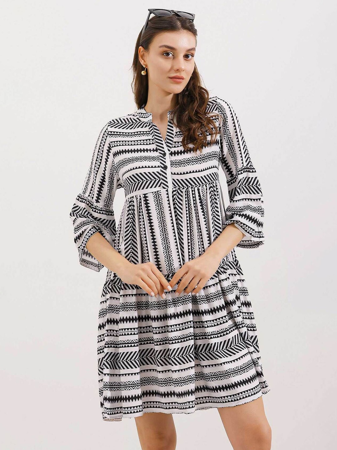 

BIGDART Tribal Printed Mandarin Collar A-Line Dress, Na