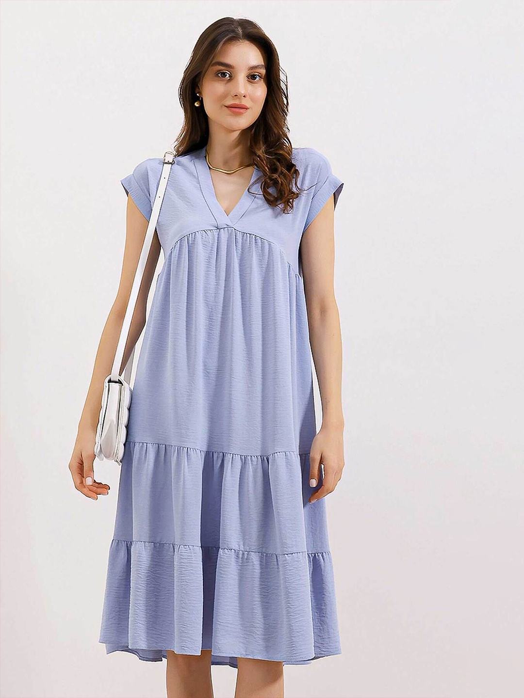 

BIGDARTV-Neck Extended Sleeves Gathered A-Line Dress, Lavender