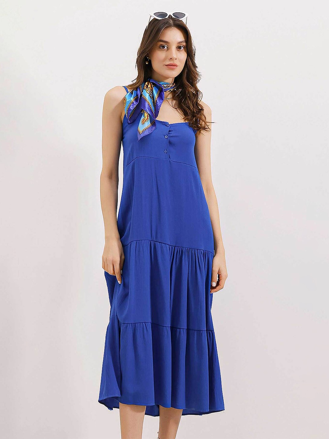 

BIGDART Shoulder Straps Sleeveless Flounce A-Line Midi Dress, Blue