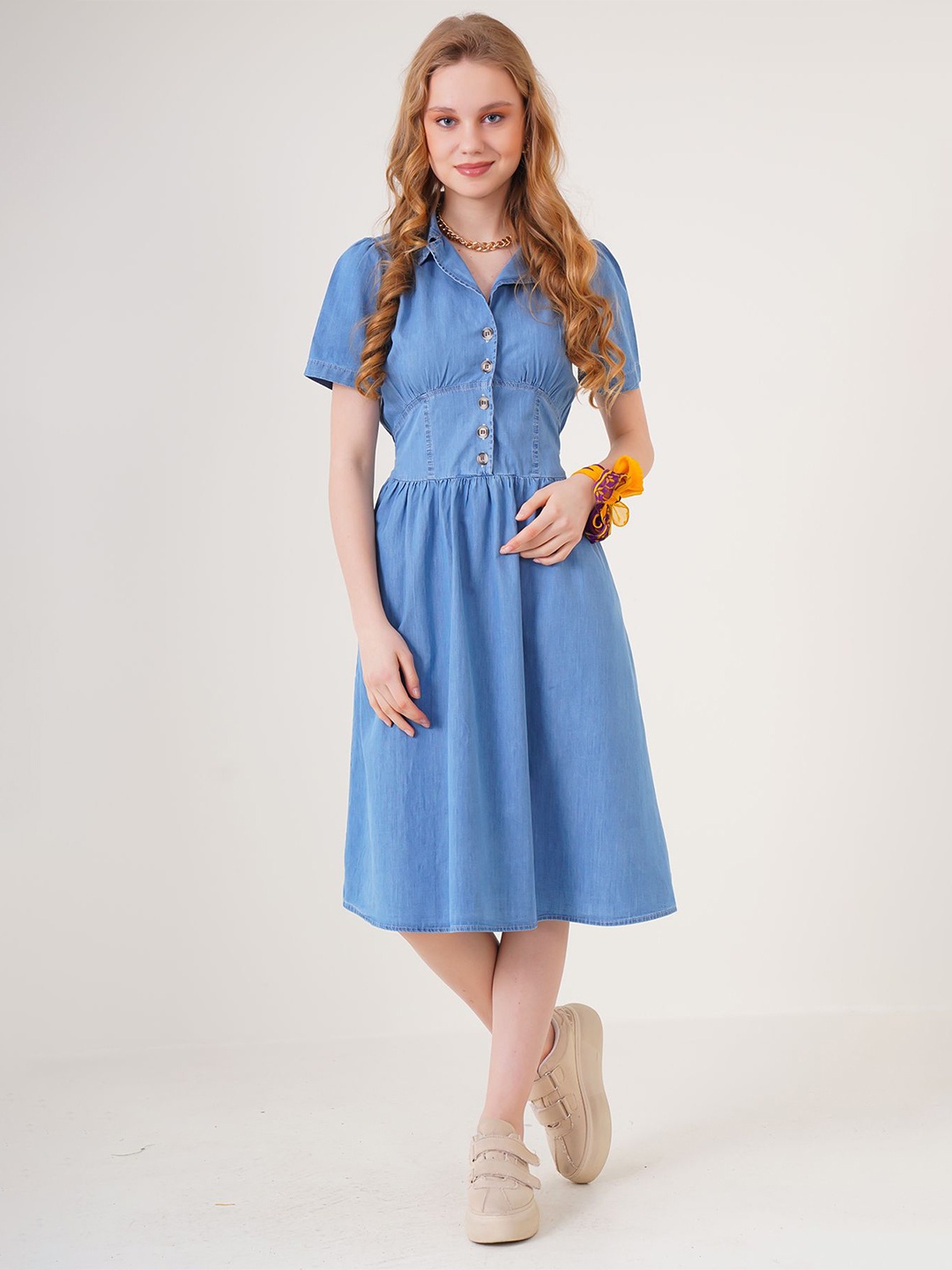 

BIGDART Shirt Collar Short Sleeves Flared Fit & Flare Dress, Na