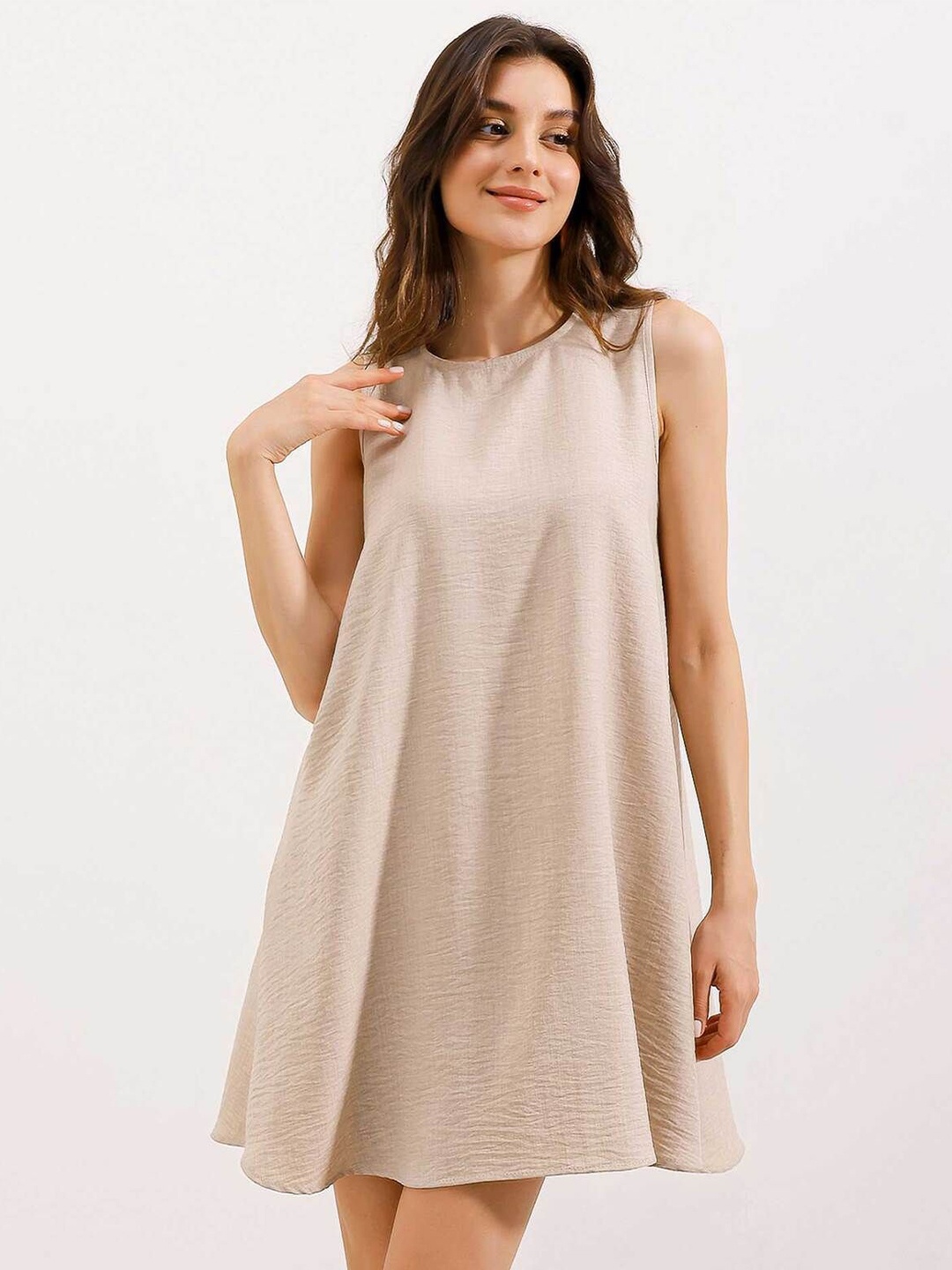 

BIGDART Round Neck Sleeveless A-Line Dress, Beige