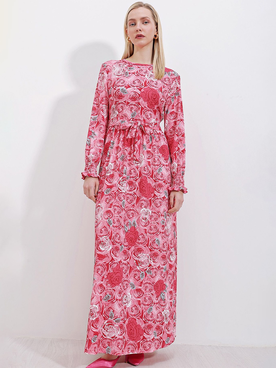 

BIGDART Floral Printed Round Neck Long Sleeves Maxi Dress with Belt, Pink