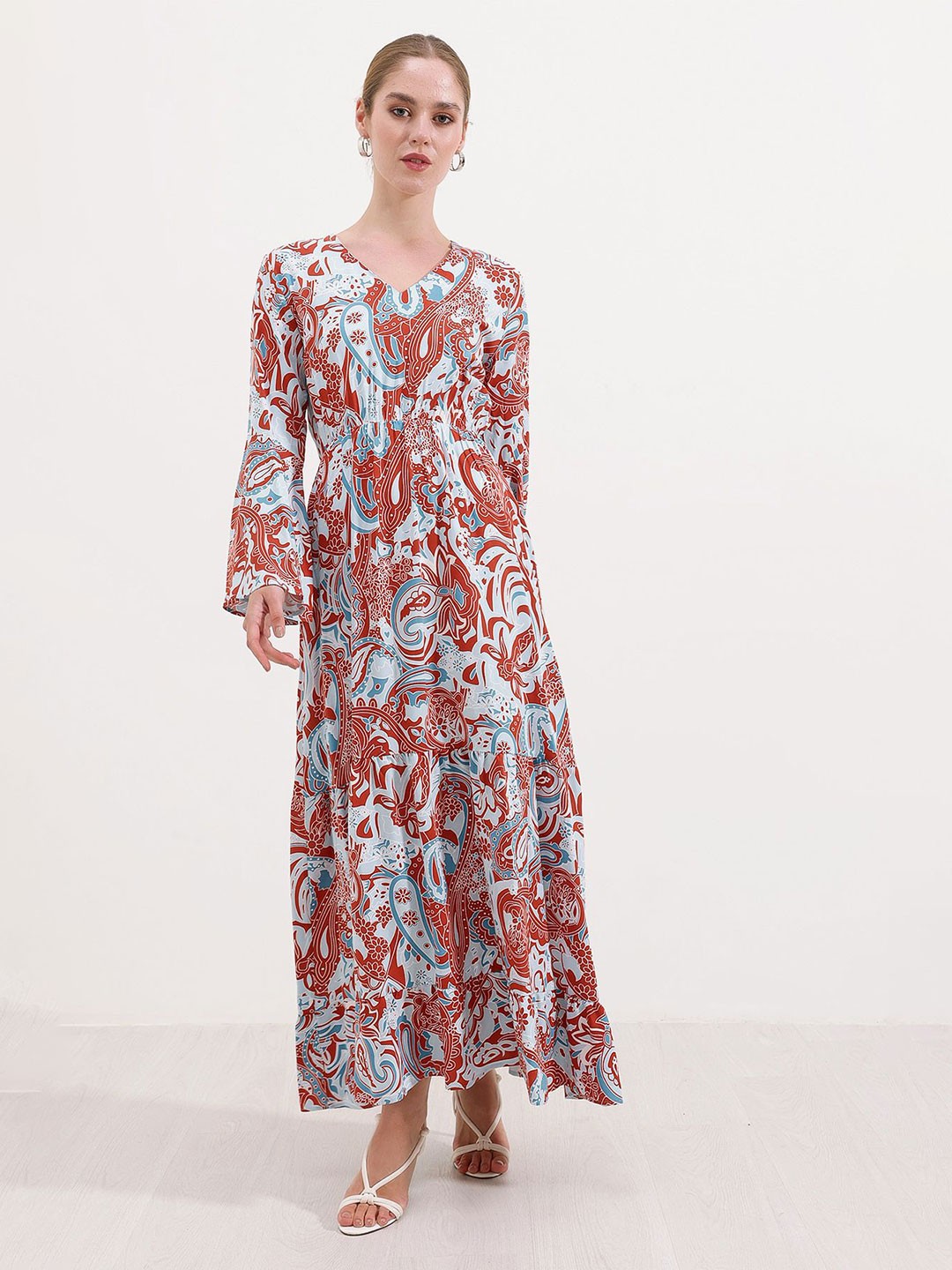 

BIGDART Floral Printed Tie-Up Neck Bell Sleeve Maxi Dress, Rust