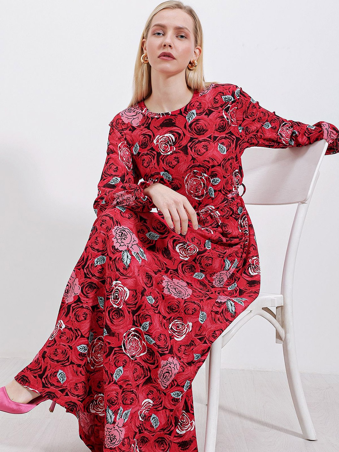 

BIGDART Floral Printed Cuffed Sleeve Maxi Dress, Red