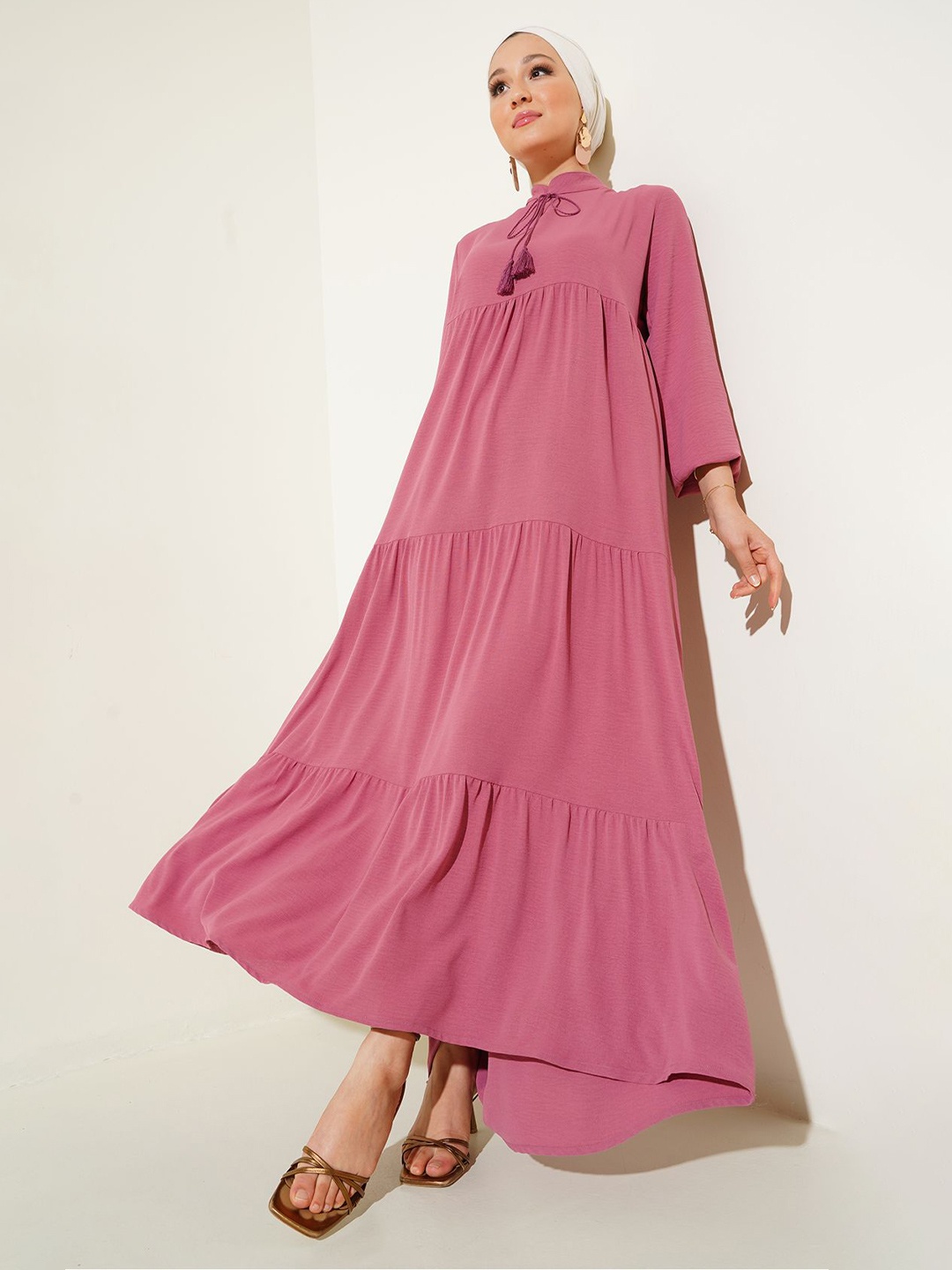 

BIGDART Tie-Up Neck Tiered Detailed Asymmetric A-Line Maxi Dress, Rose