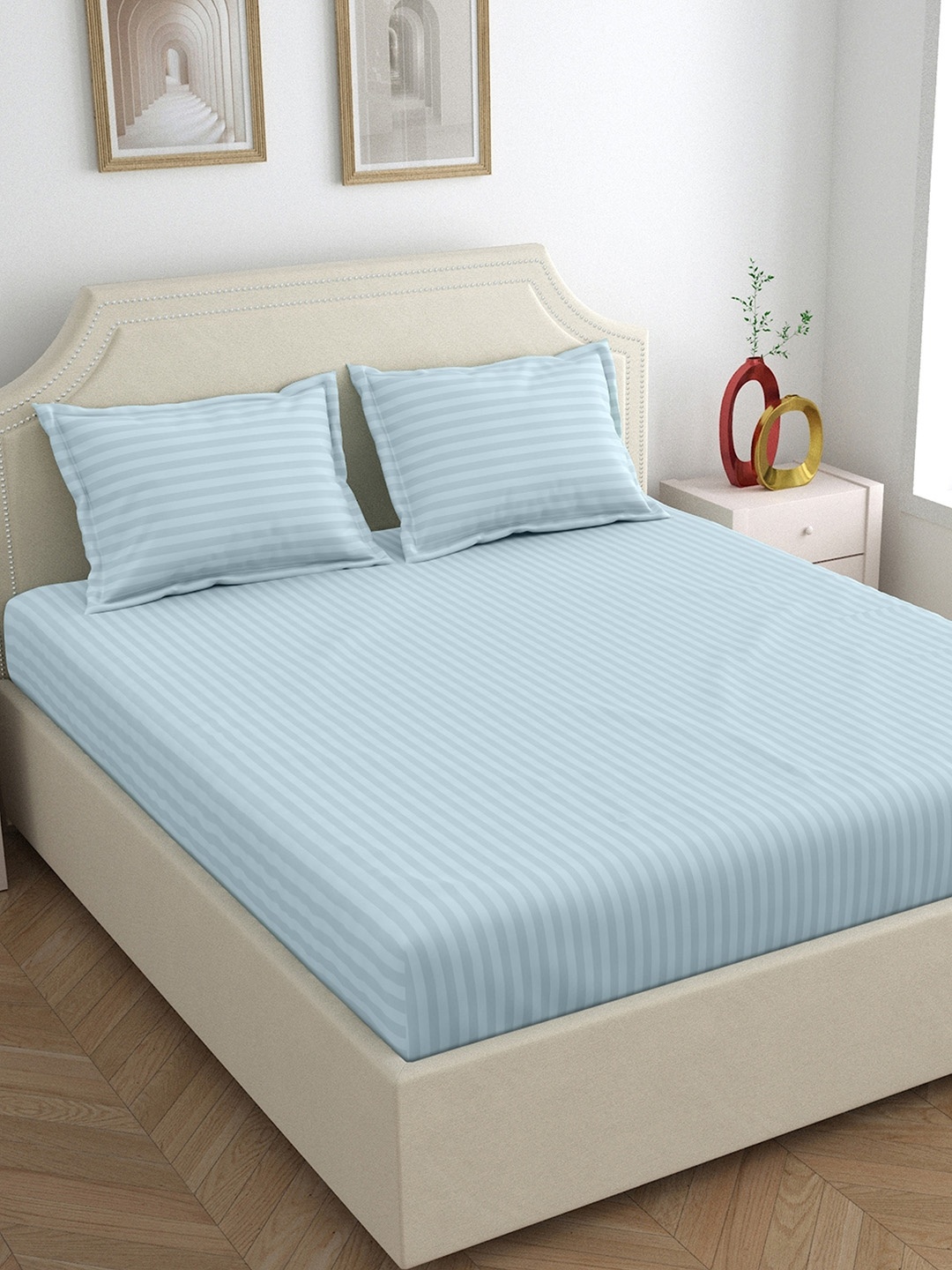 

Dreamscape Blue Striped Cotton 300 TC King Bedsheet With 2 Pillow Covers
