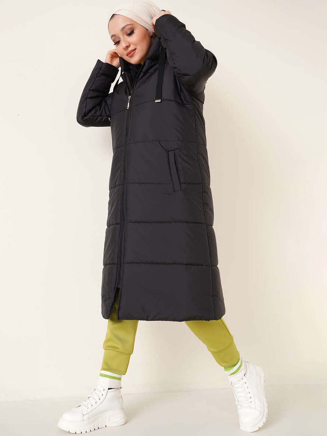 

BIGDART Hooded Long Sleeves Longline Puffer Jacket, Black