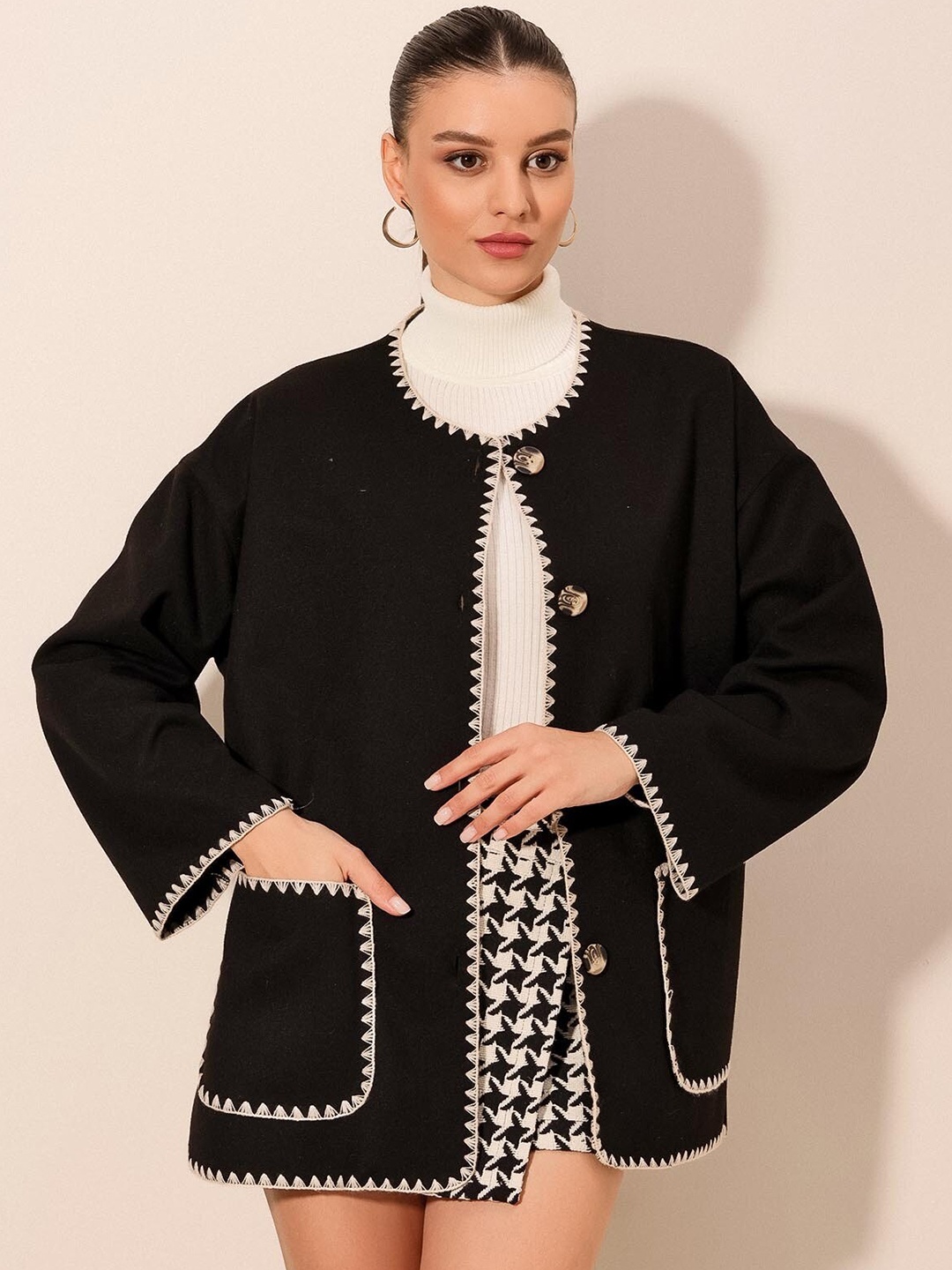 

BIGDART Self Design Longline Open Front Jacket, Black