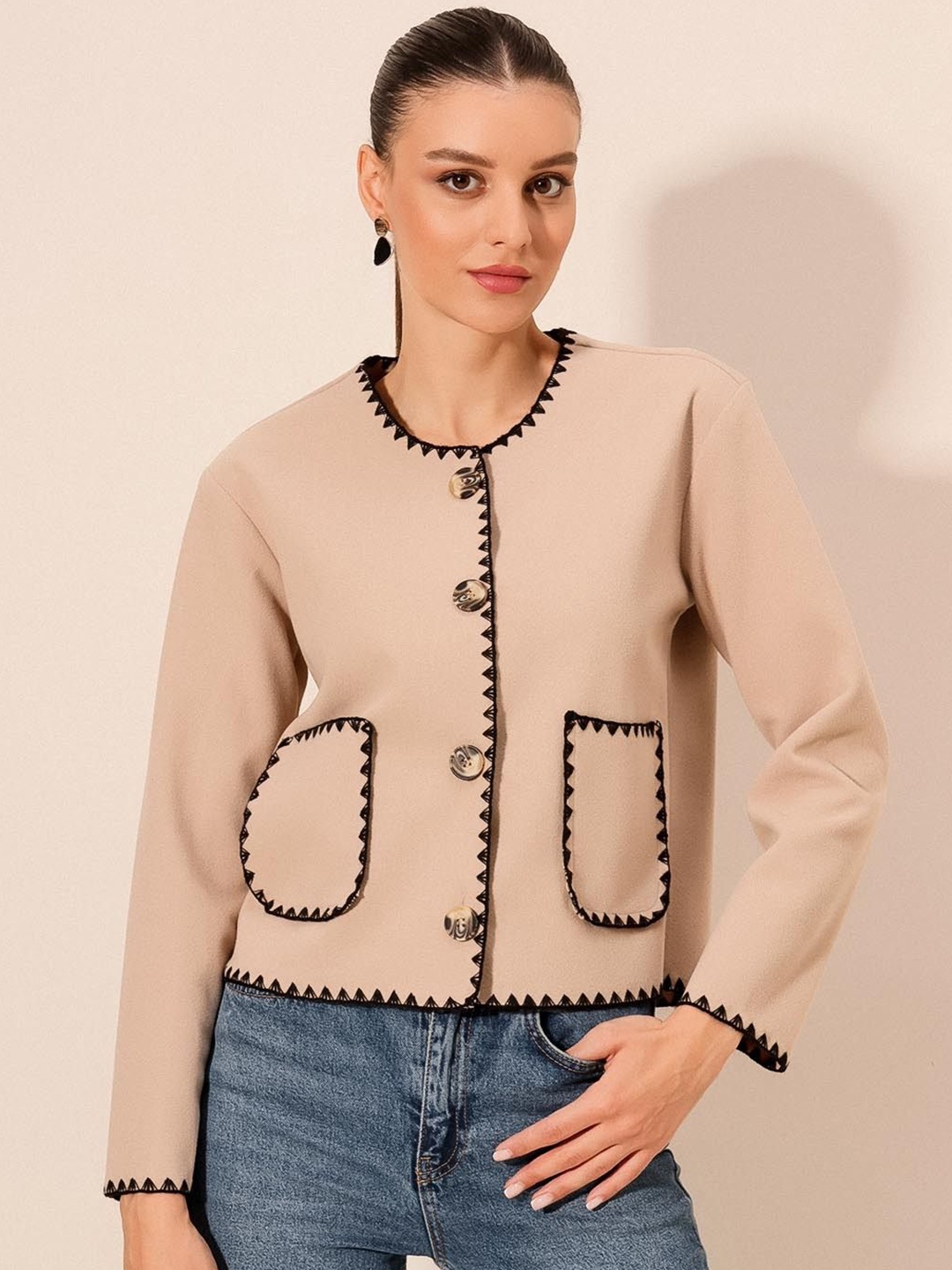 

BIGDART Collarless Pure Cotton Tailored Jacket, Beige