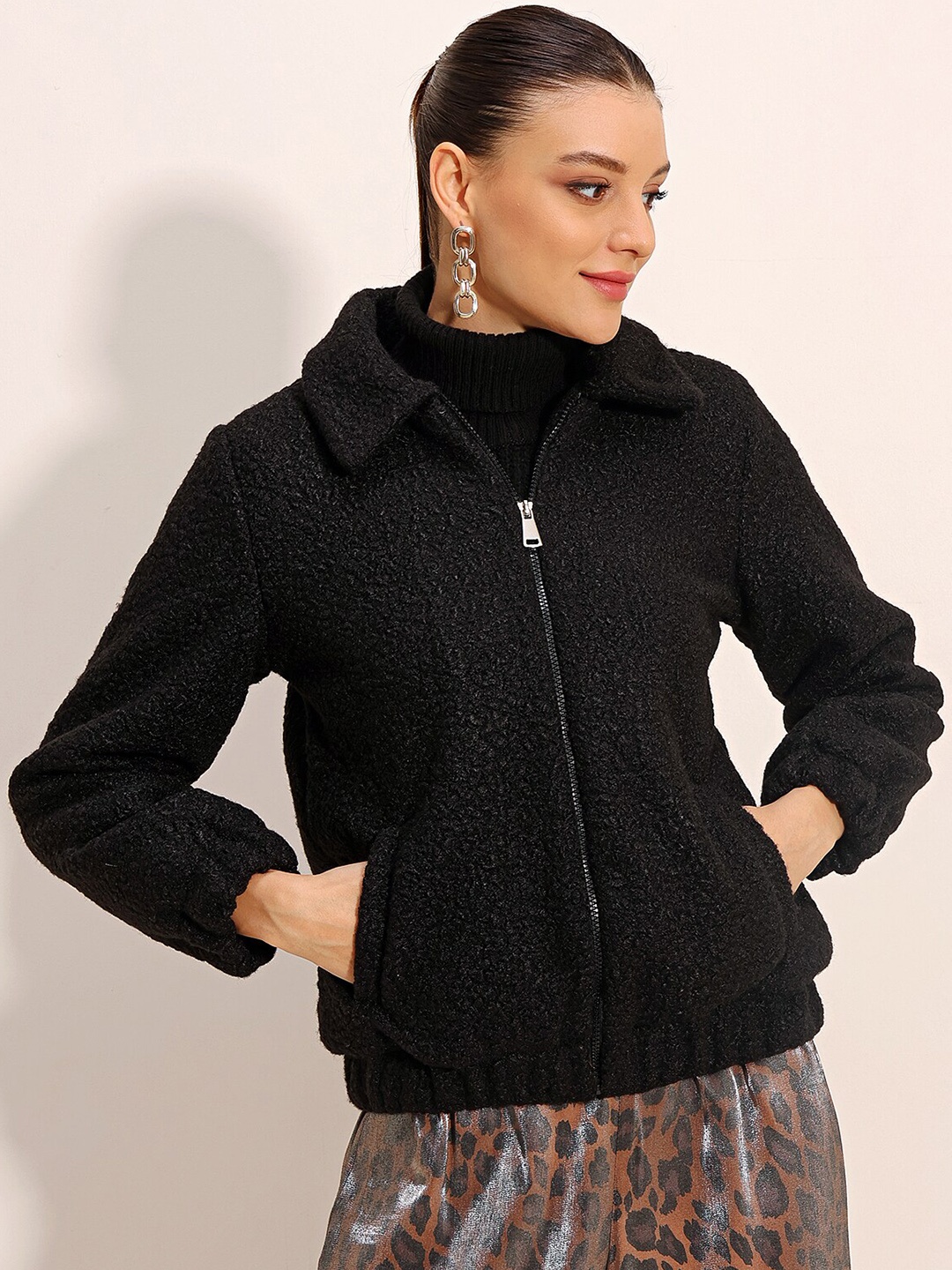 

BIGDART Self Design Spread Collar Long Sleeves Bomber Jacket, Black
