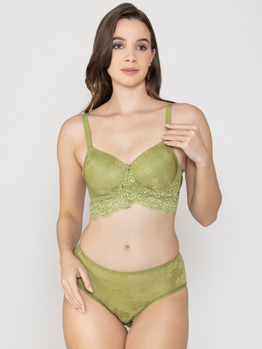 

B'ZAR Self-Design Lace Lightly Padded Lingerie Set-BZS5113, Green