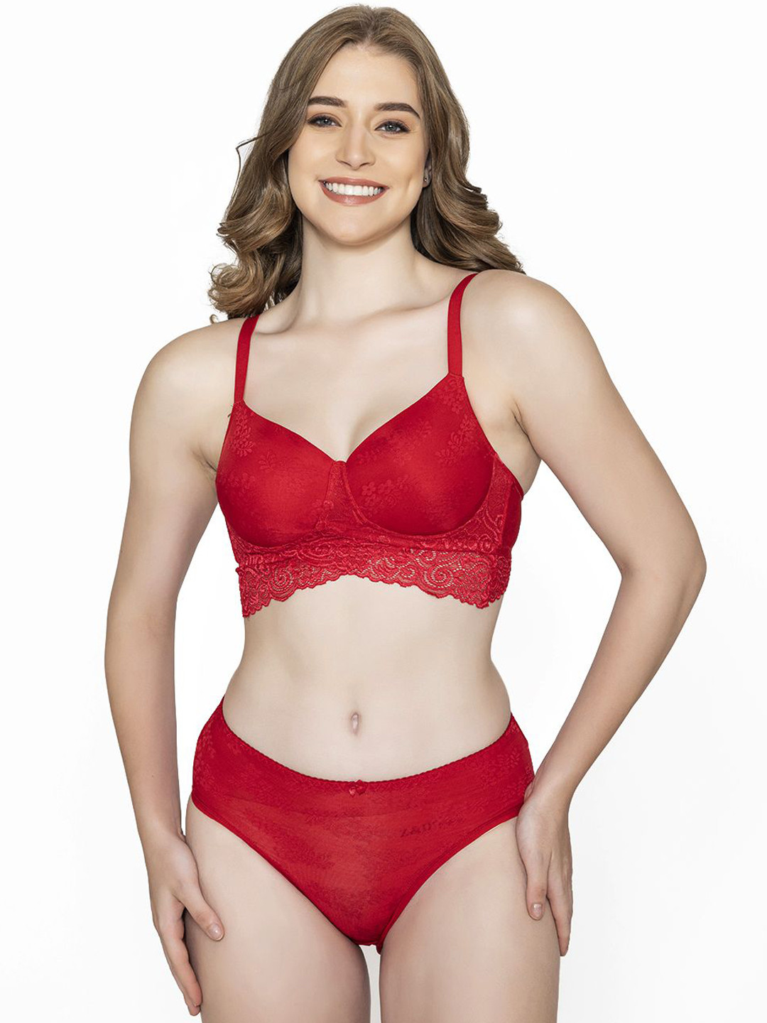 

B'ZAR Self-Design Lace Lightly Padded Lingerie Set-BZS5113, Red