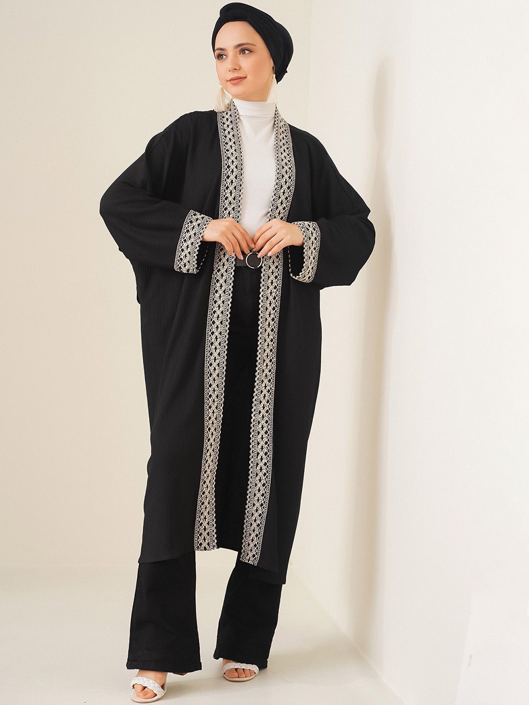 

BIGDART Embroidered Open Front Long Sleeves Longline Shrug, Black