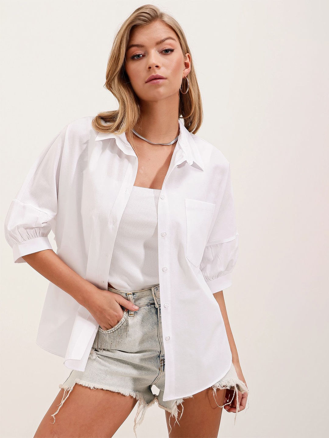 

BIGDART Spread Collar Cotton Puff Sleeves Casual Shirt, White