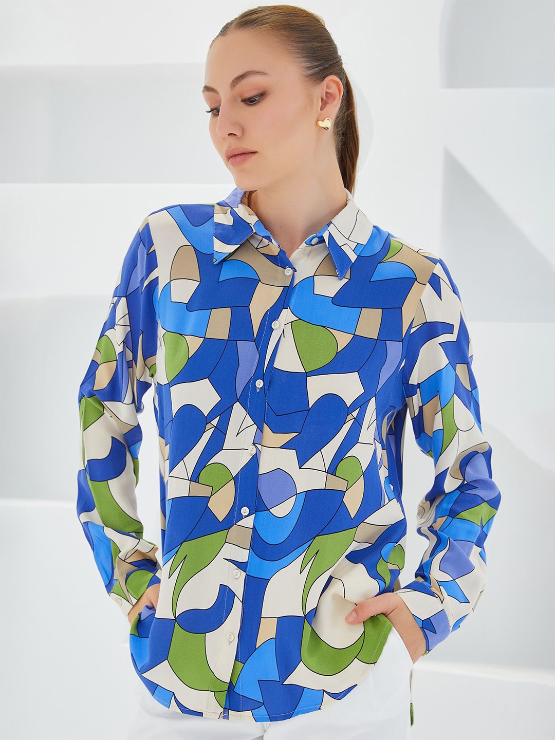 

BIGDART Abstract Printed Spread Collar Long Sleeves Casual Shirt, Blue