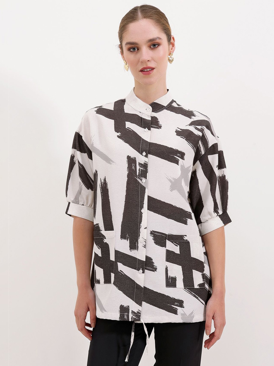 

BIGDART Band Collar Abstract Printed Puff Sleeves Casual Shirt, Na