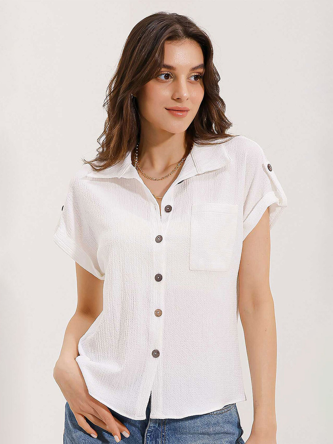 

BIGDART Spread Collar Extended Sleeves Casual Shirt, White