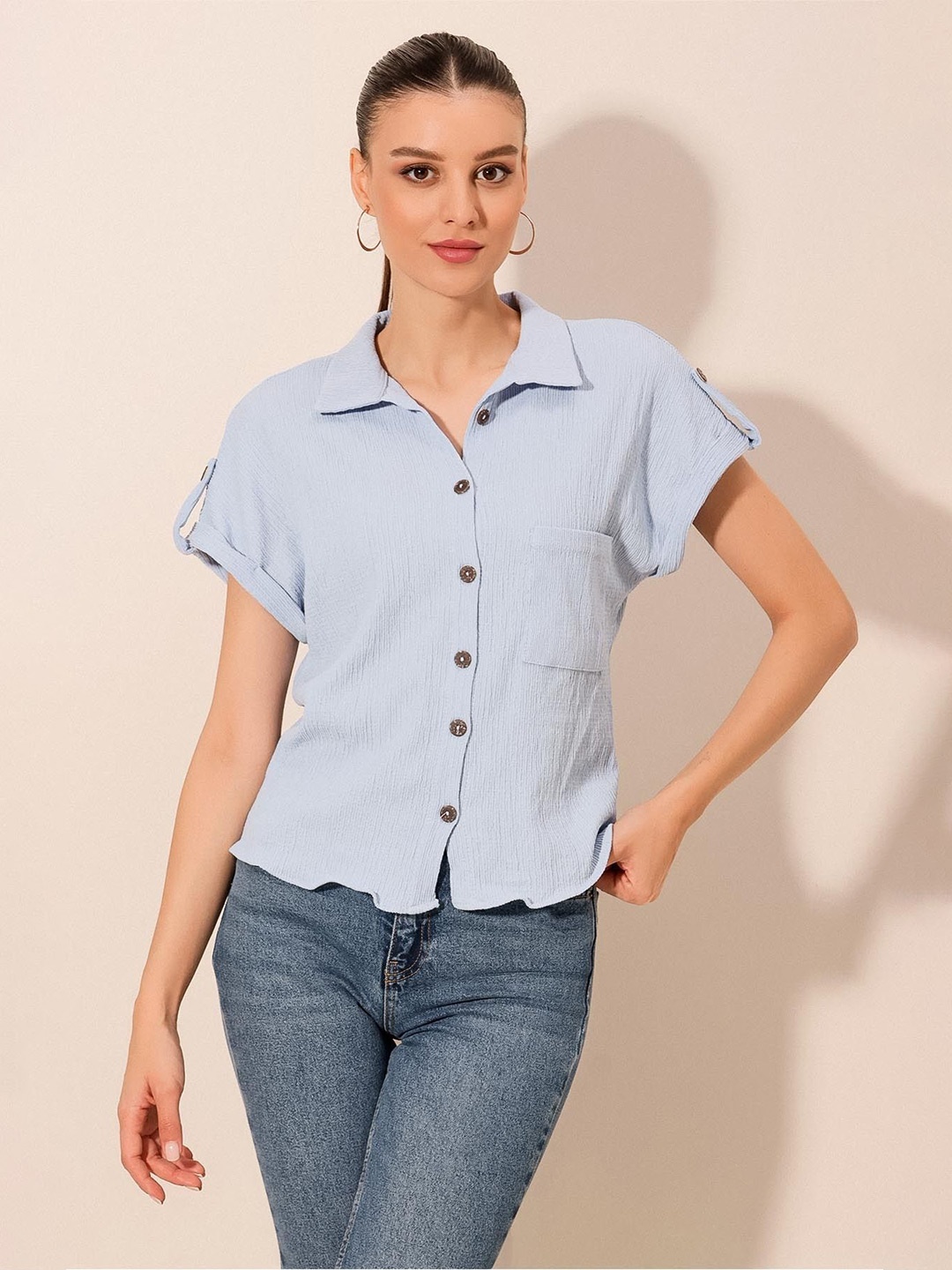 

BIGDART Self Design Spread Collar Extended Sleeves Casual Shirt, Blue