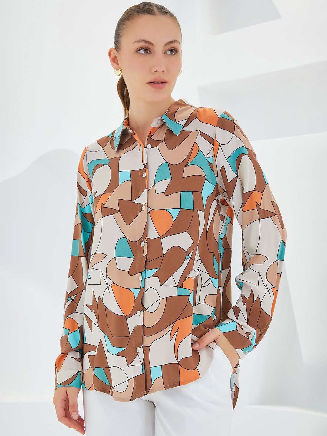 

BIGDART Abstract Printed Spread Collar Longline Casual Shirt, Brown