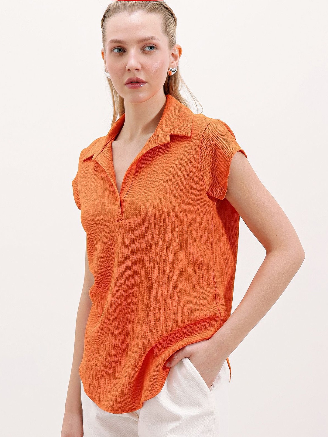

BIGDART Solid Shirt Collar Shirt Style Top, Orange