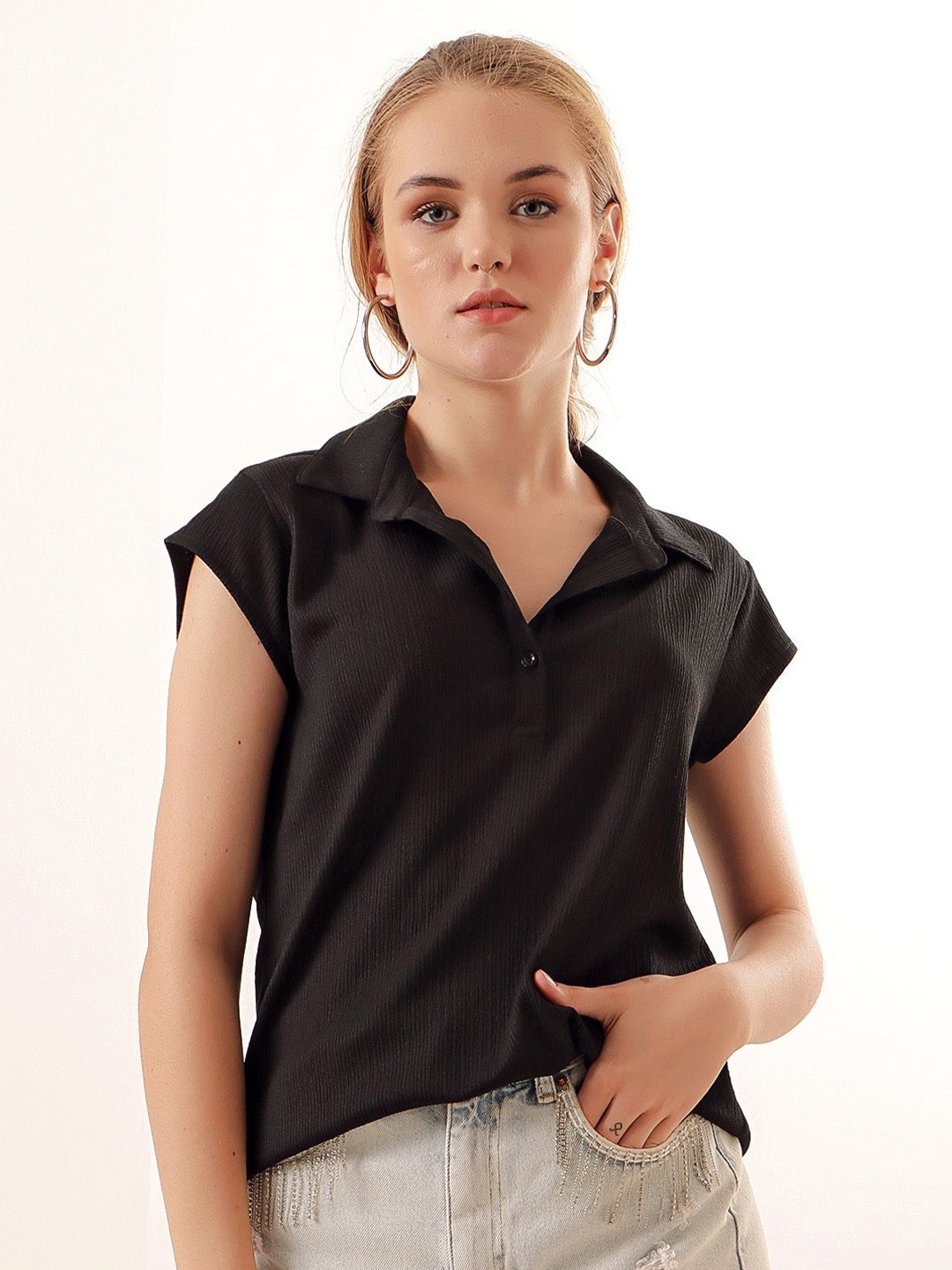 

BIGDART Shirt Collar Cape Sleeves Casual Top, Black