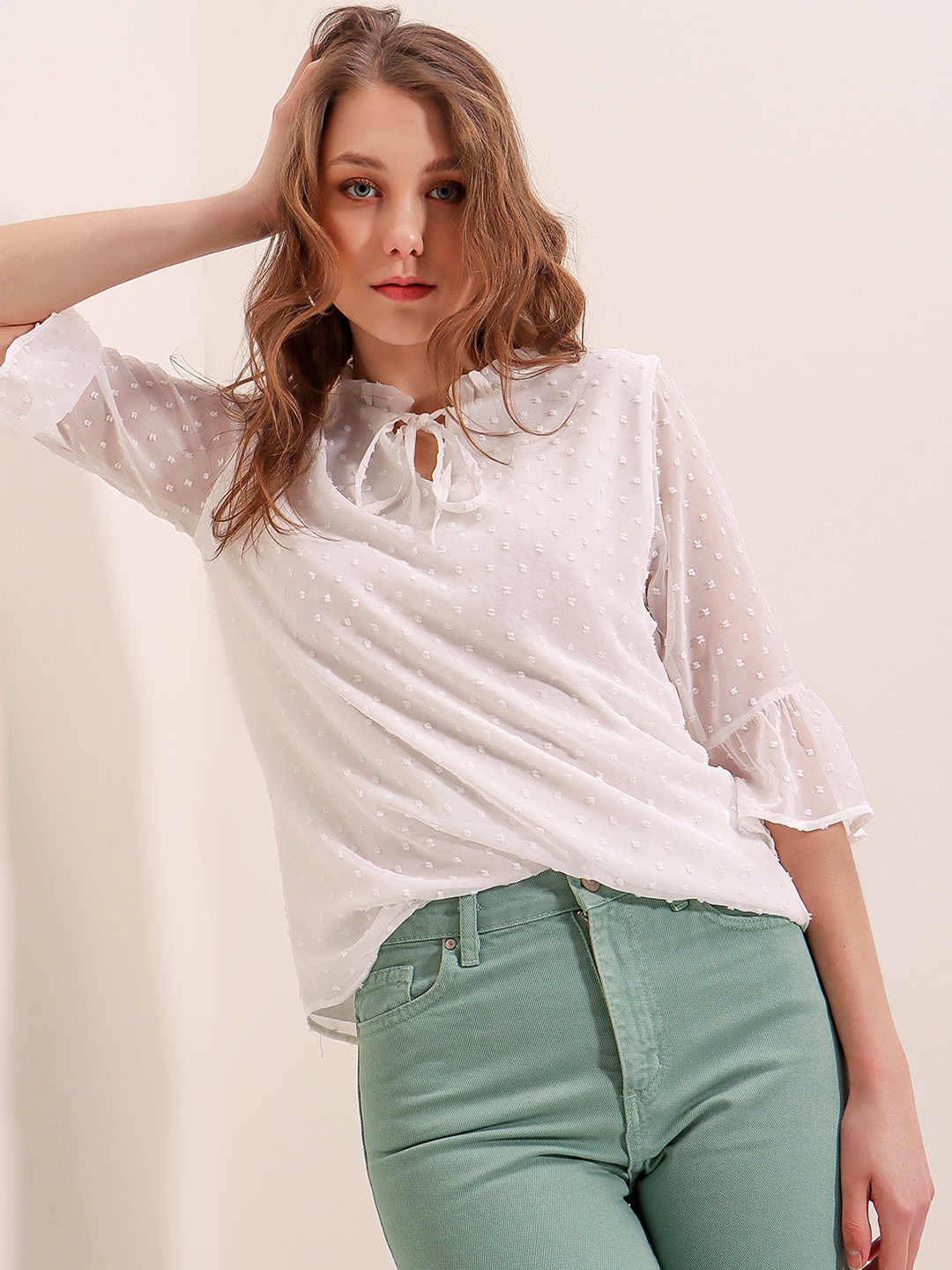 

BIGDART Self Design Tie-Up Neck Bell Sleeves Casual Top, White