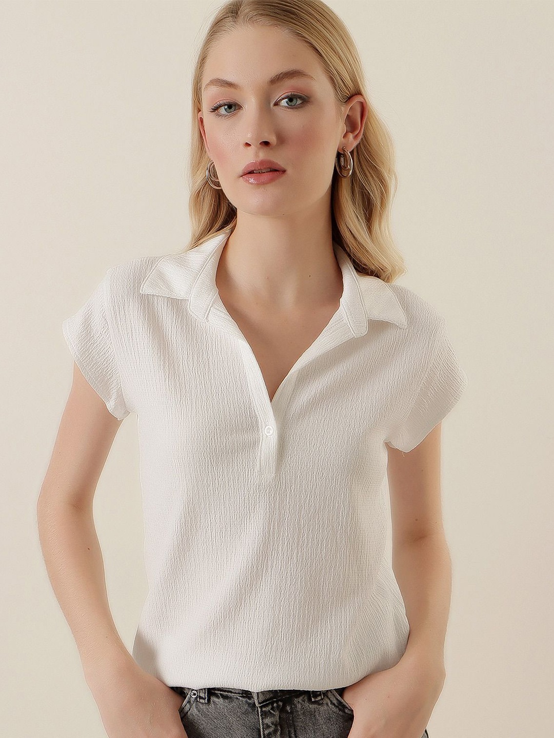 

BIGDART Solid Shirt Collar Shirt Style Top, White