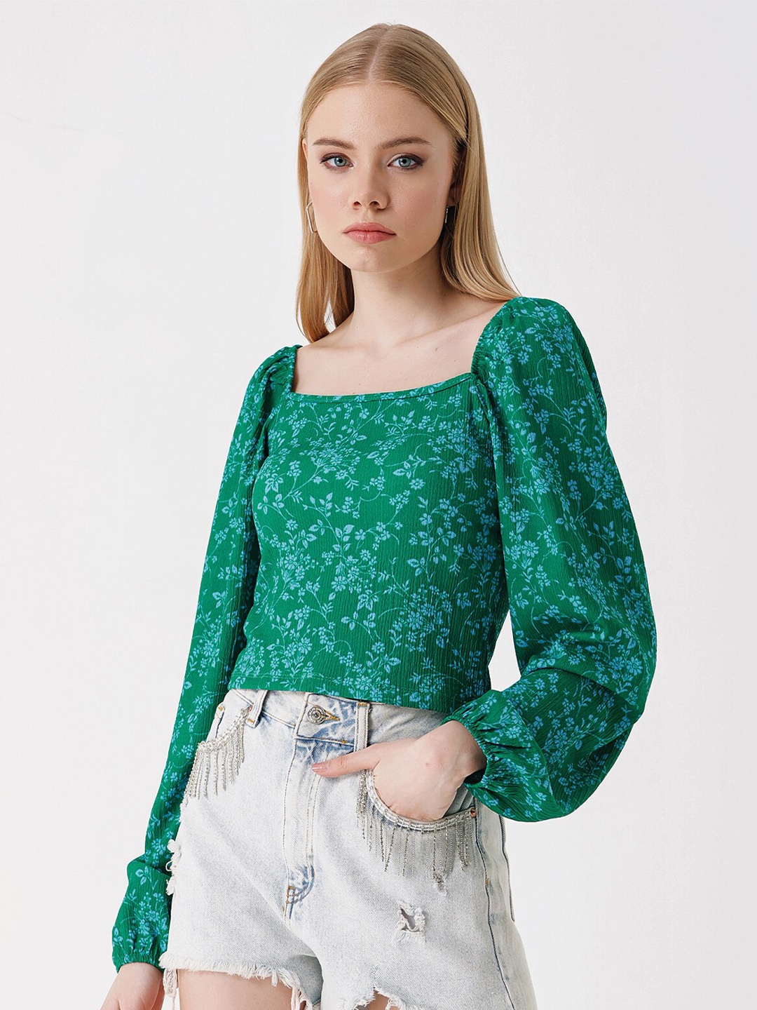 

BIGDART Floral Print Square Neck Top, Green