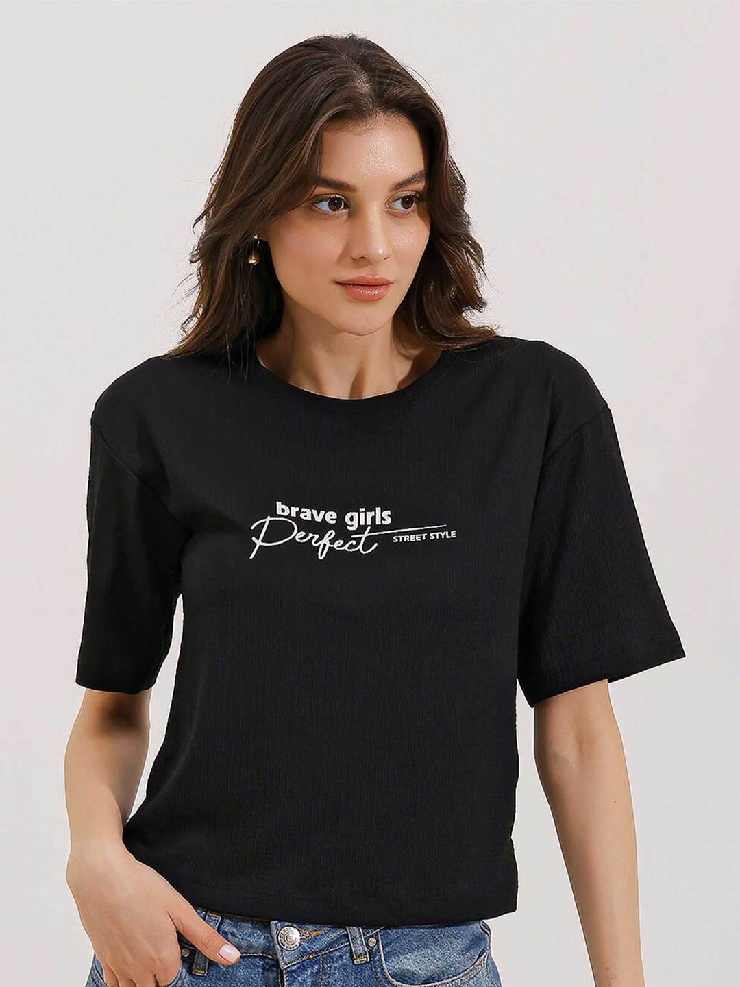 

BIGDART Typography Printed Round Neck Short Sleeves Casual Top, Black