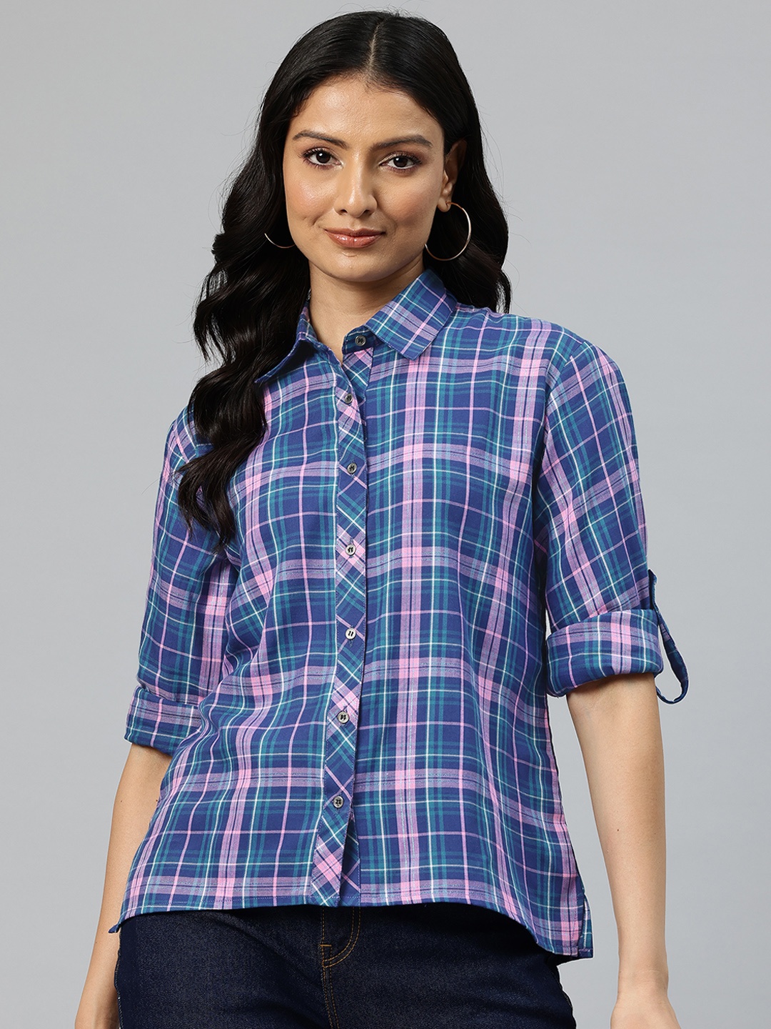 

One Femme Straight Checked Roll-Up Sleeves Casual Shirt, Blue