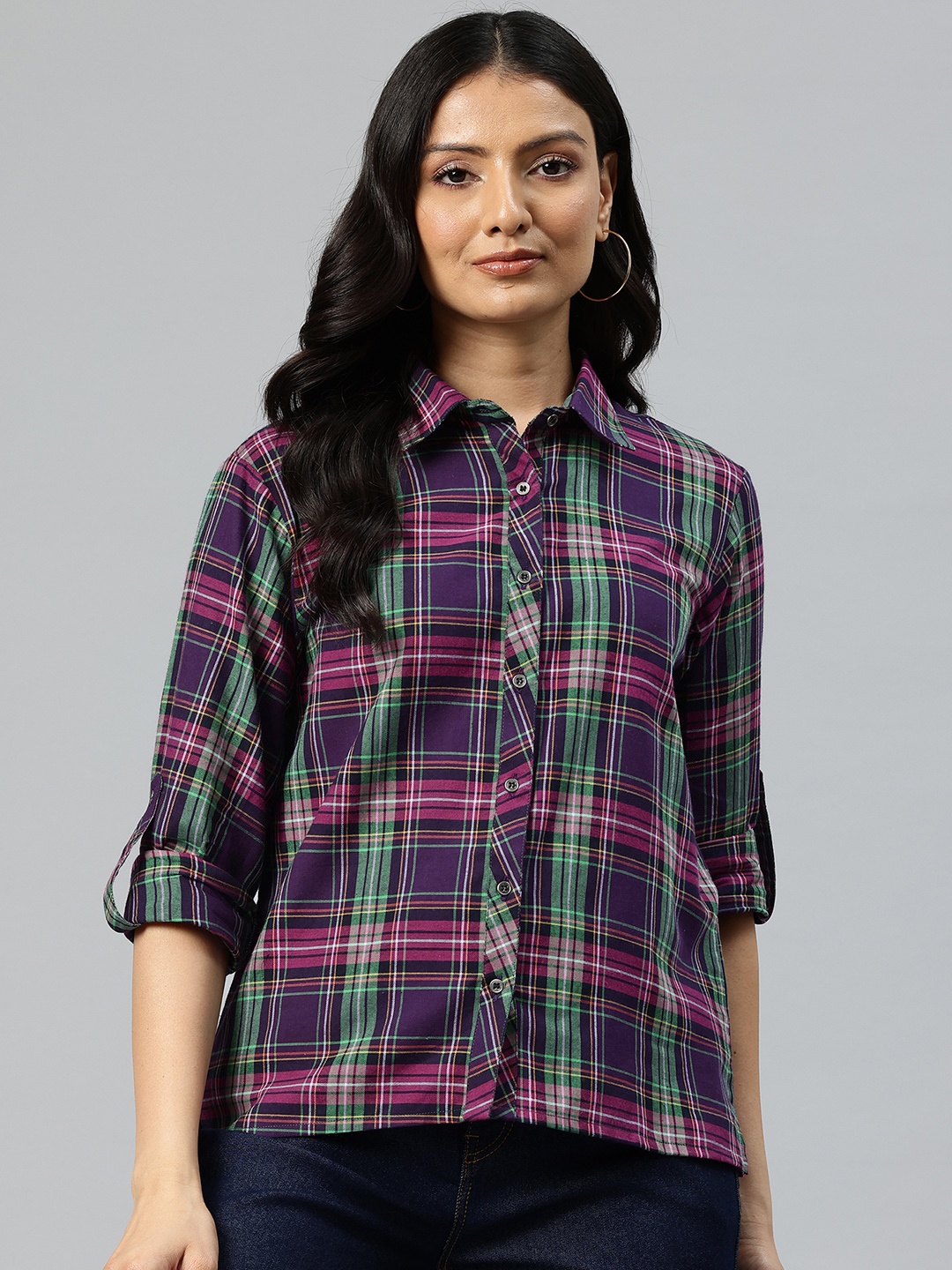 

One Femme Straight Checked Roll-Up Sleeves Casual Shirt, Purple