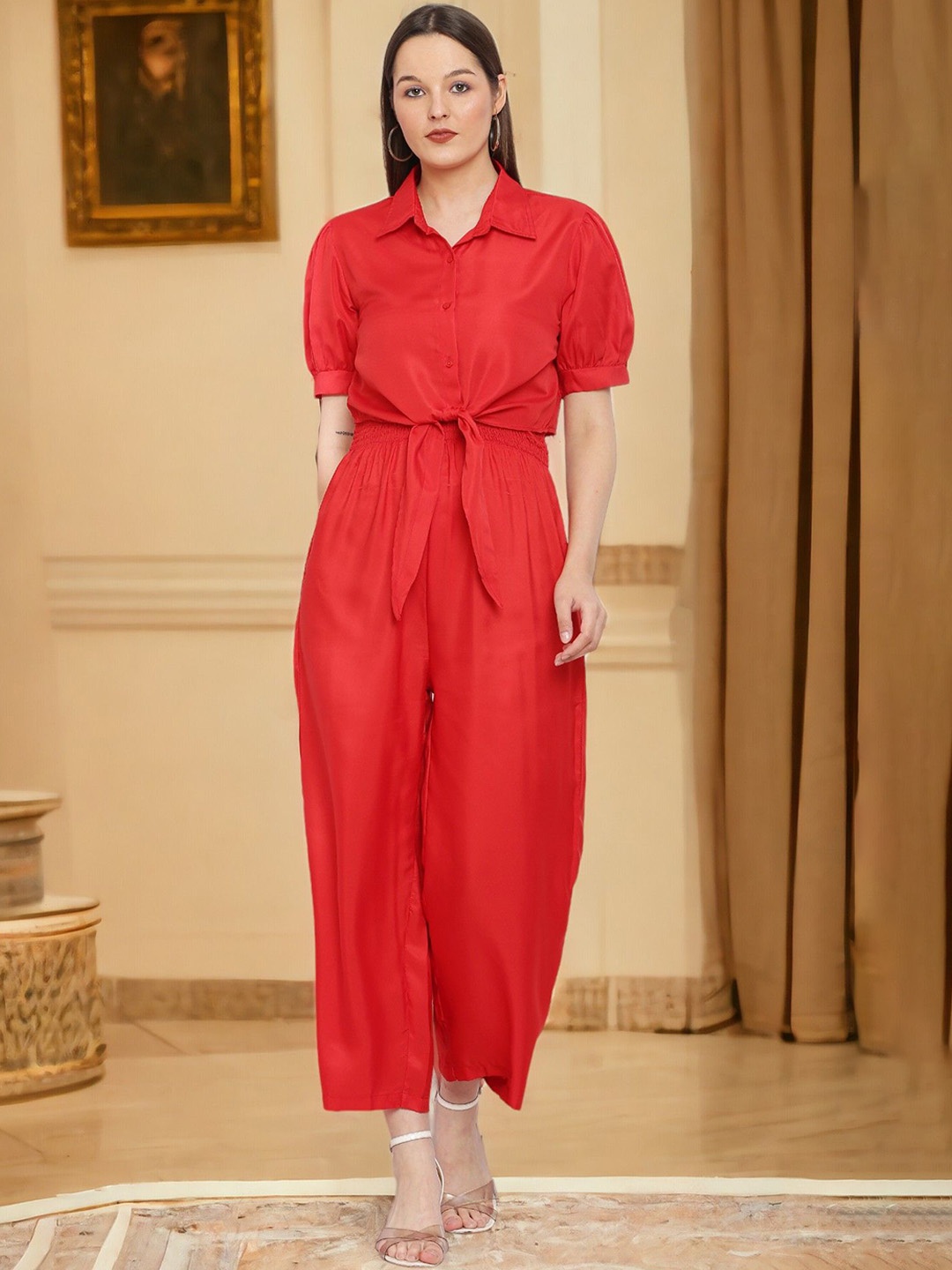 

Vastrasky Global Shoulder Straps Smocked Basic Jumpsuit With Shirt, Red