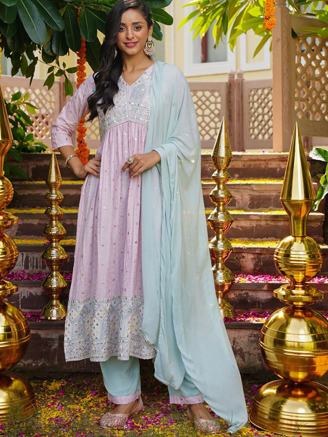 

FASHION DWAR Floral Embroidered Mirror Work Pure Cotton Anarkali Kurta &Trousers & Dupatta, Pink