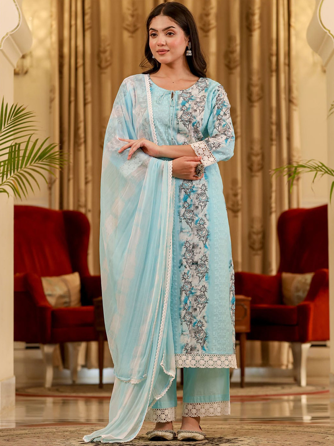

FASHION DWAR Floral Embroidered Thread Work Pure Cotton Straight Kurta &Trousers & Dupatta, Blue
