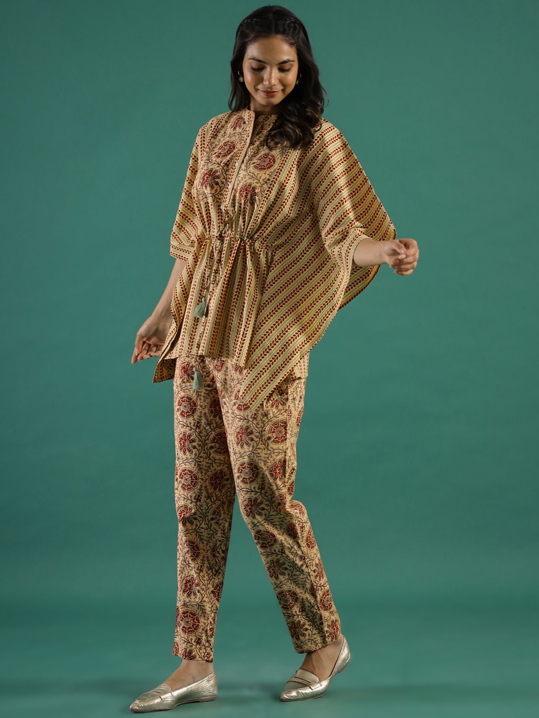 

Sangria Mustard Yellow Ethnic Motifs Printed Cotton Kaftan Top & Trousers