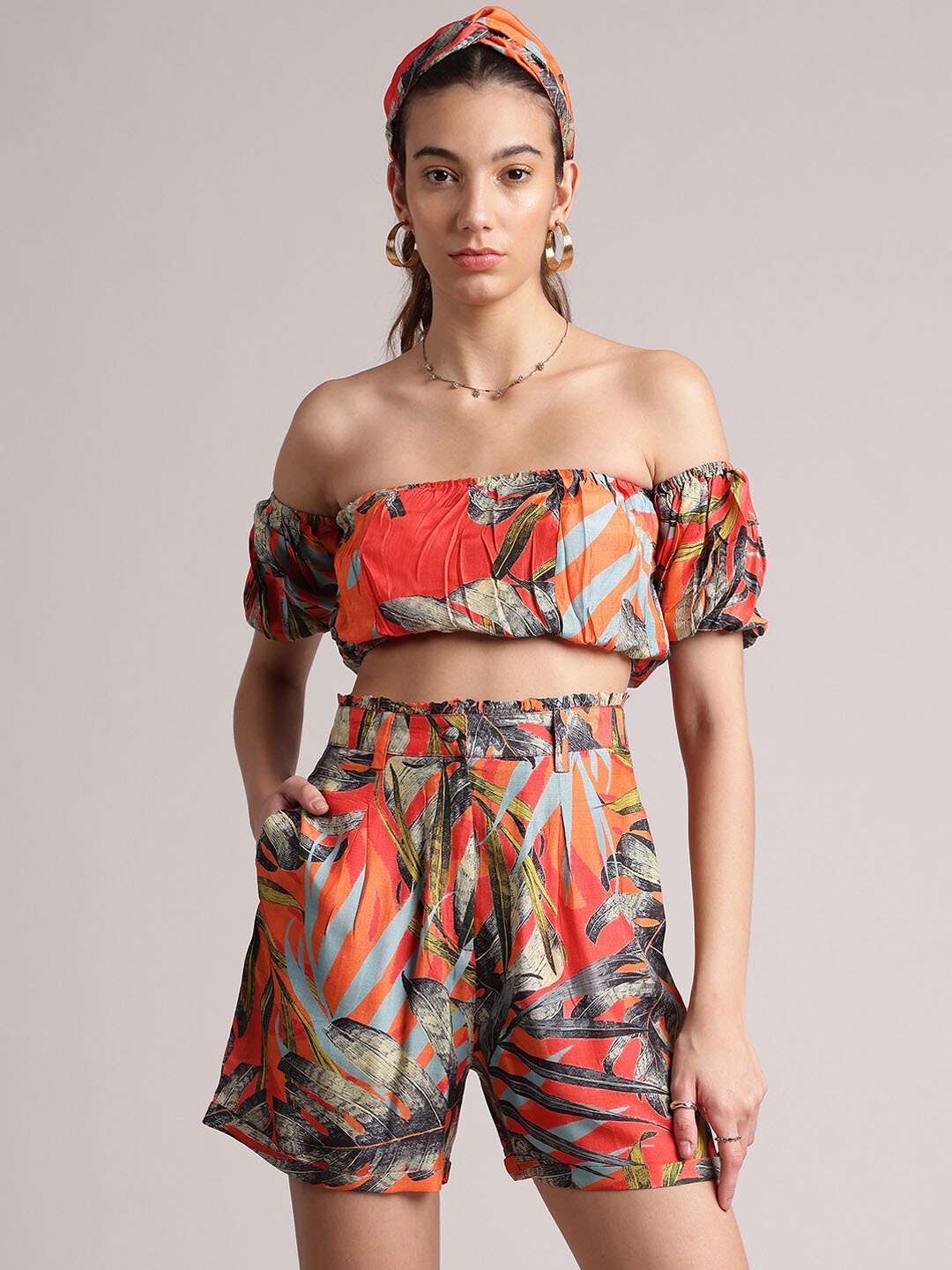 

Zaccai Women's Orange Muslin Floral Tropical Print Off Shoulder Co-ord Set