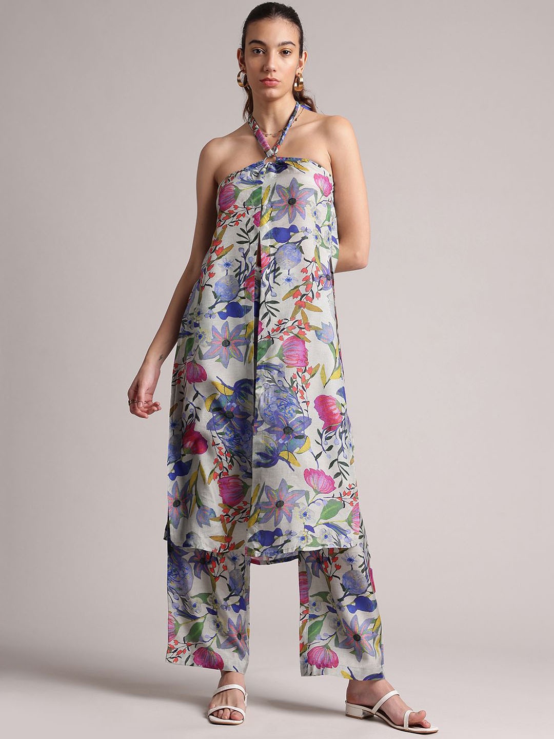 

ZACCAI Floral Printed Halter Neck Longline Top With Trousers, Blue