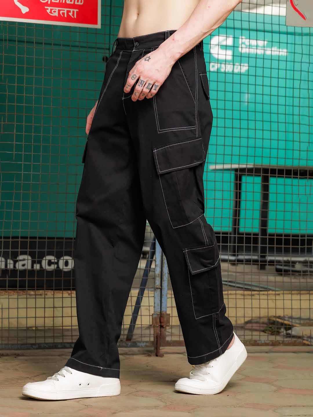 

House of Koala Unisex Mid-Rise Baggy Fit Parachute Cotton Cargo Trousers, Black