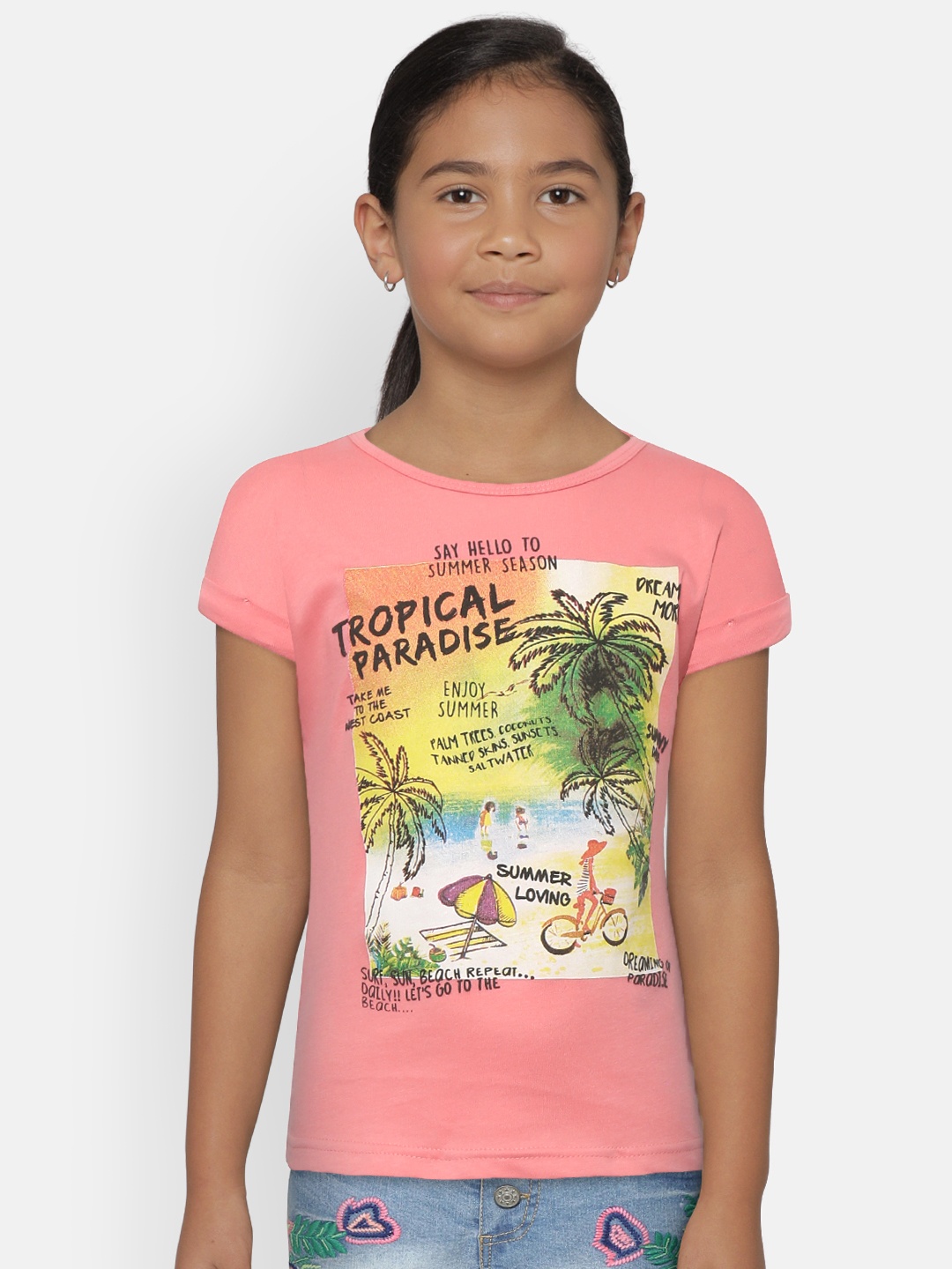 

Palm Tree Girls Pink Printed Round Neck T-shirt