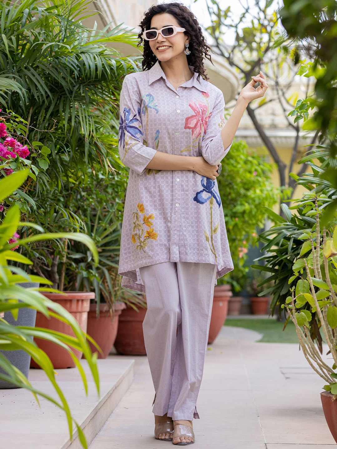 

FASHION DWAR Printed Shirt Collar Pure Cotton Tunic With Trousers, Purple