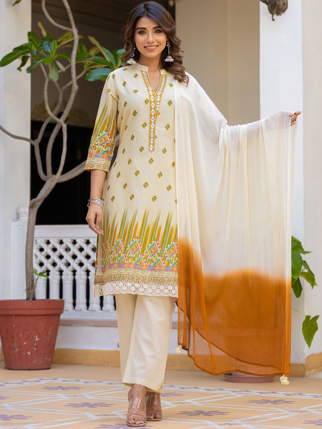 

FASHION DWAR Floral Printed Pure Cotton Straight Kurta With Trousers & Dupatta, Yellow