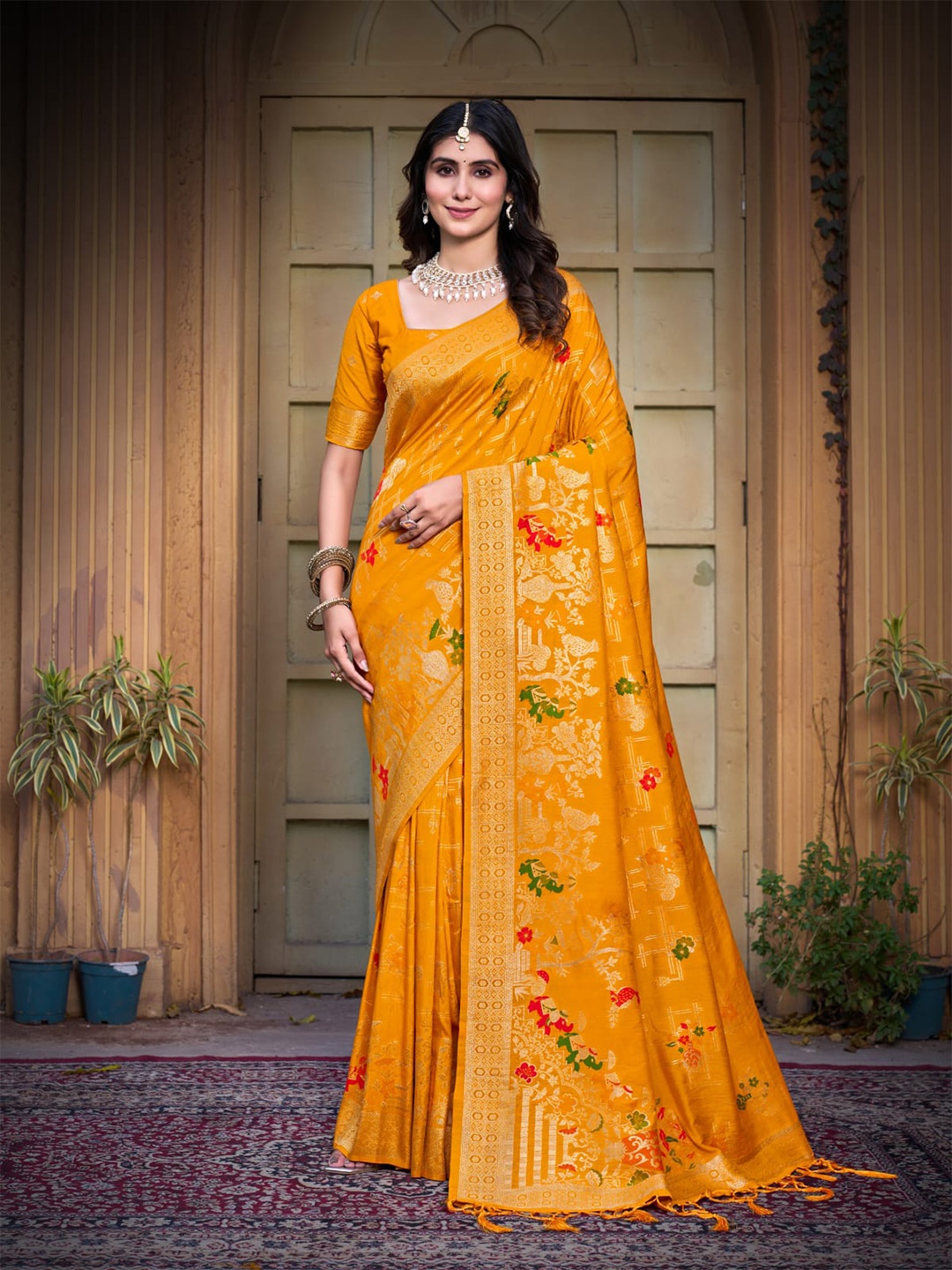 

IndianRang Woven Design Zari Pure Silk Saree, Yellow