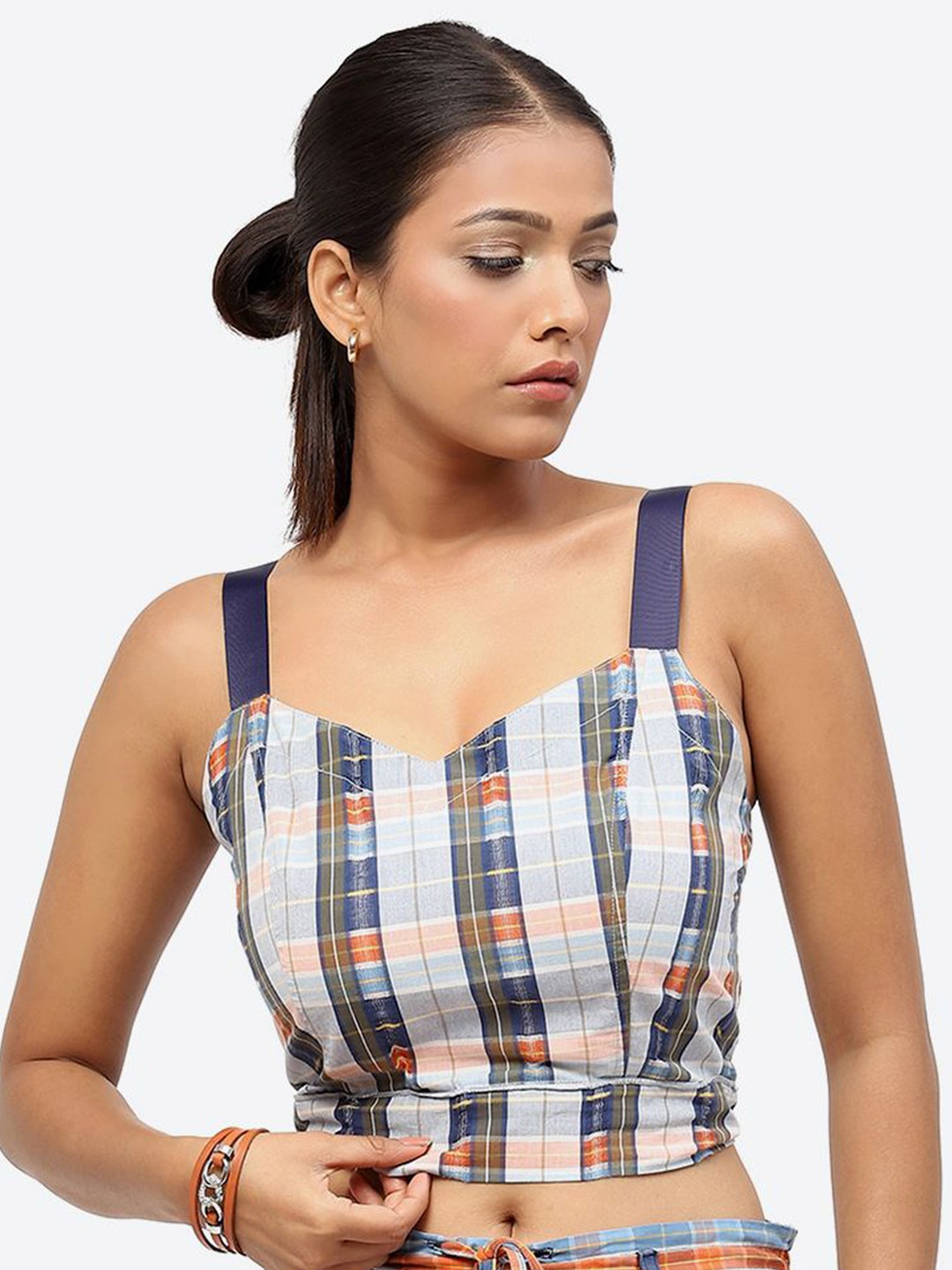 

Baawri Checked Shoulder Straps Pure Cotton Regular Crop Top, Blue